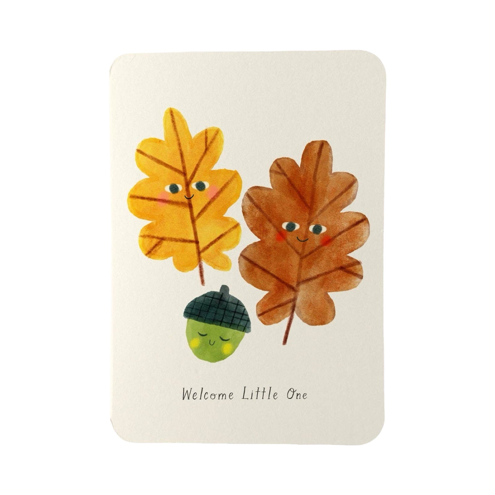 Card with cartoon leaves and acorn with 'Welcome Little One' text on a white background.