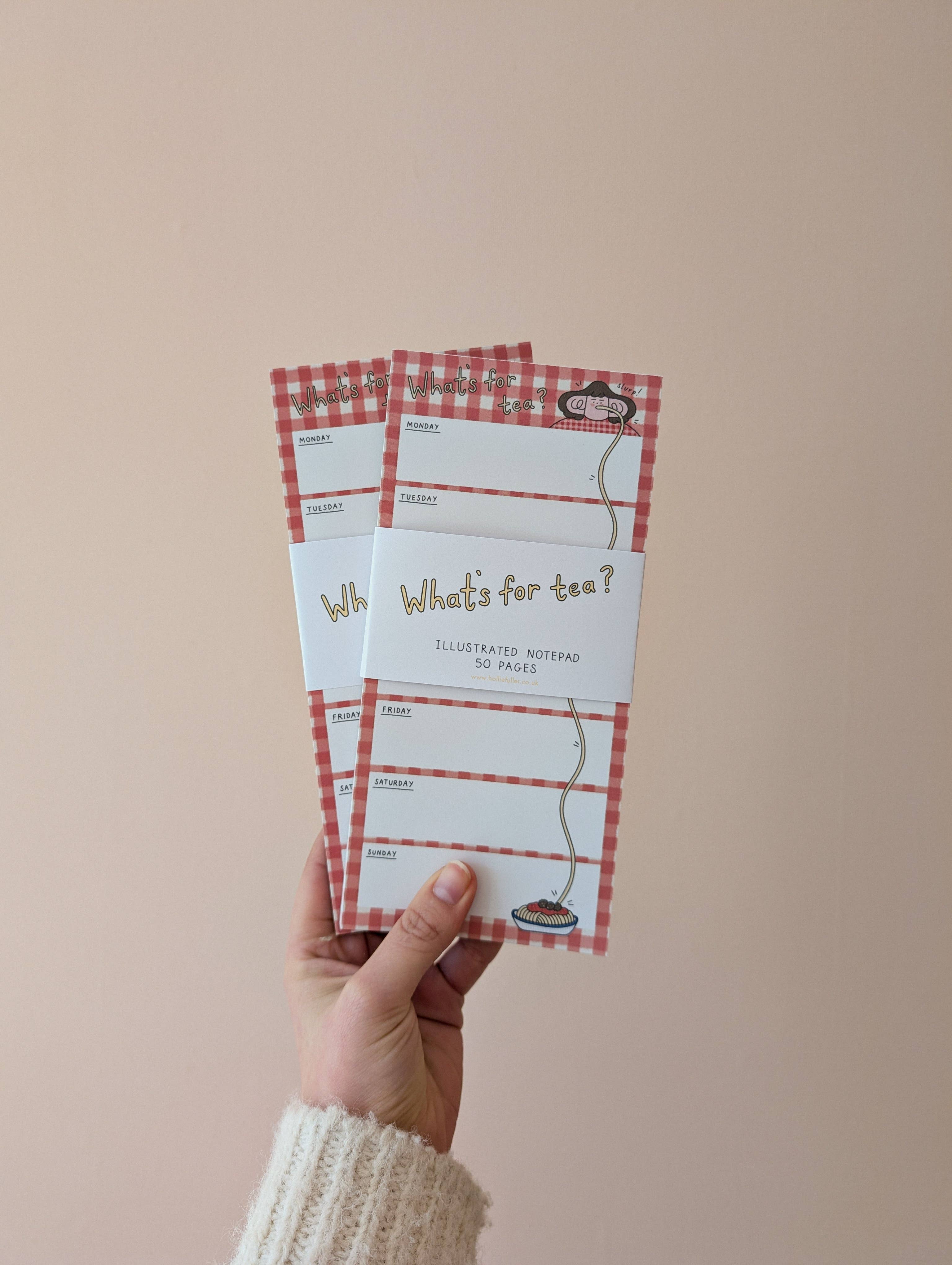 Hand holding a set of illustrated notepads with a red checkered design on a beige background.