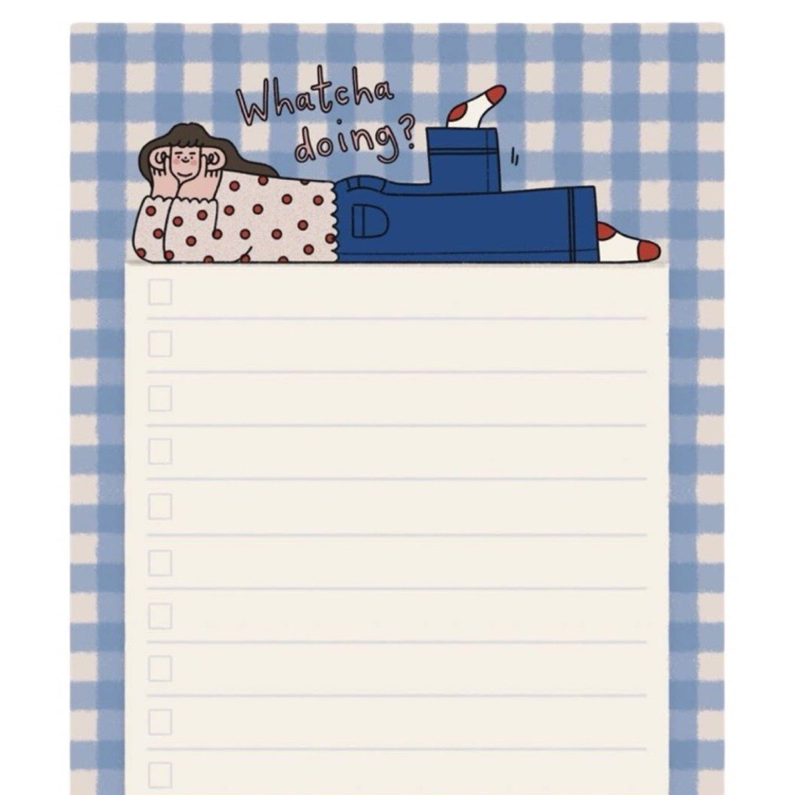 Notepad with cartoon character and text 'Whatcha doing?' on a blue and white checkered border.