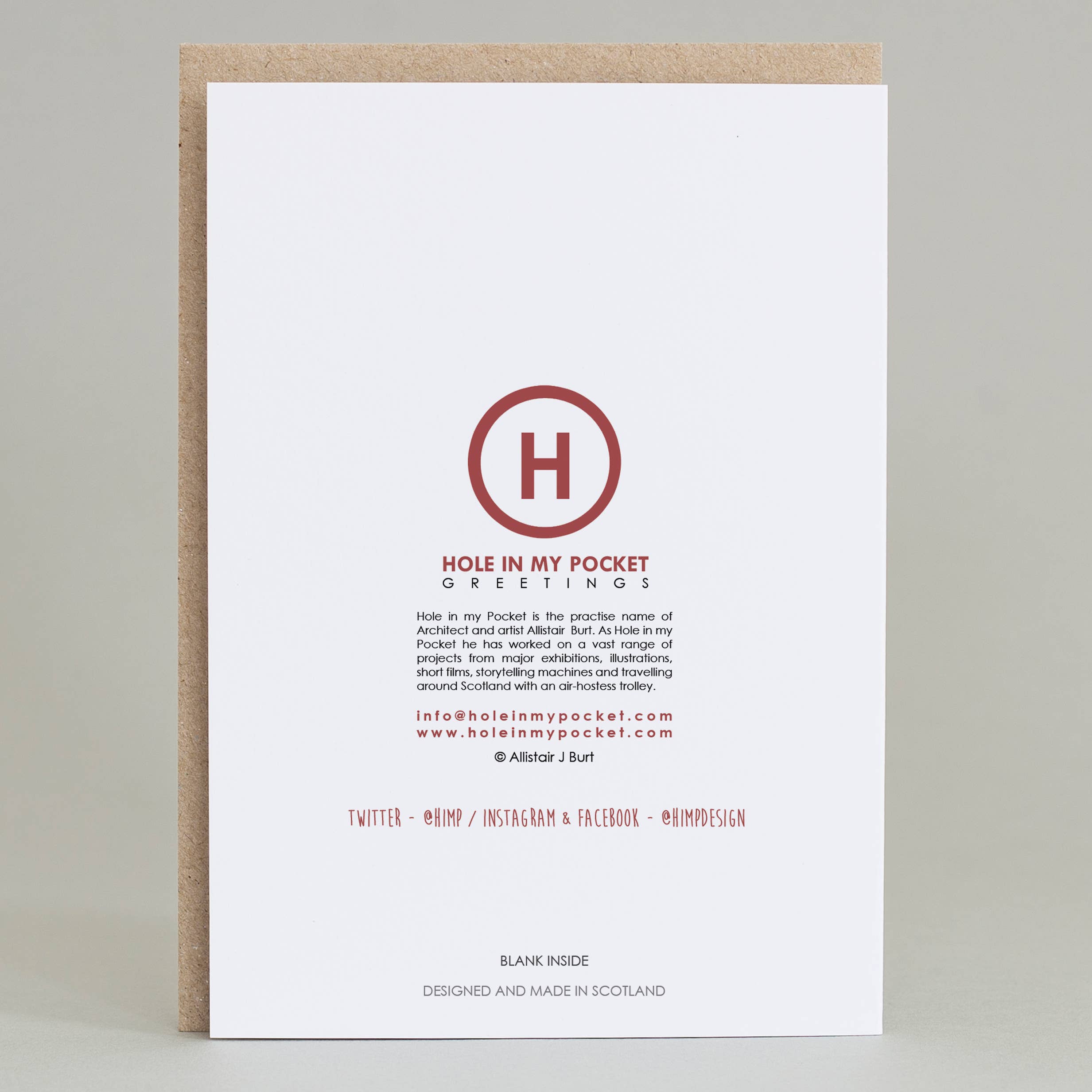 Greeting card with a red 'H' logo and text on a white background.