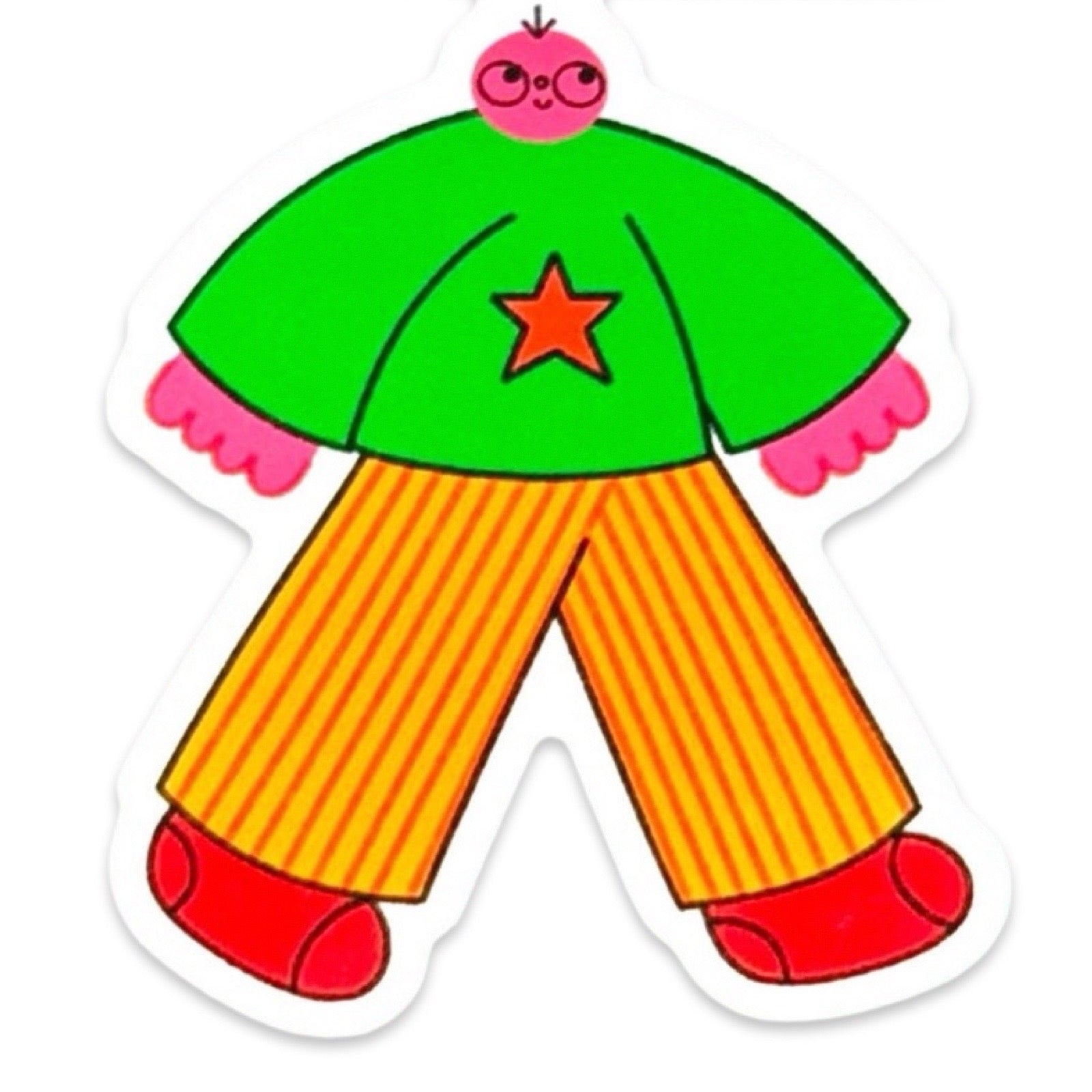 Colourful sticker of a person wearing an outfit with a green shirt, orange pants, and red shoes on a white background.