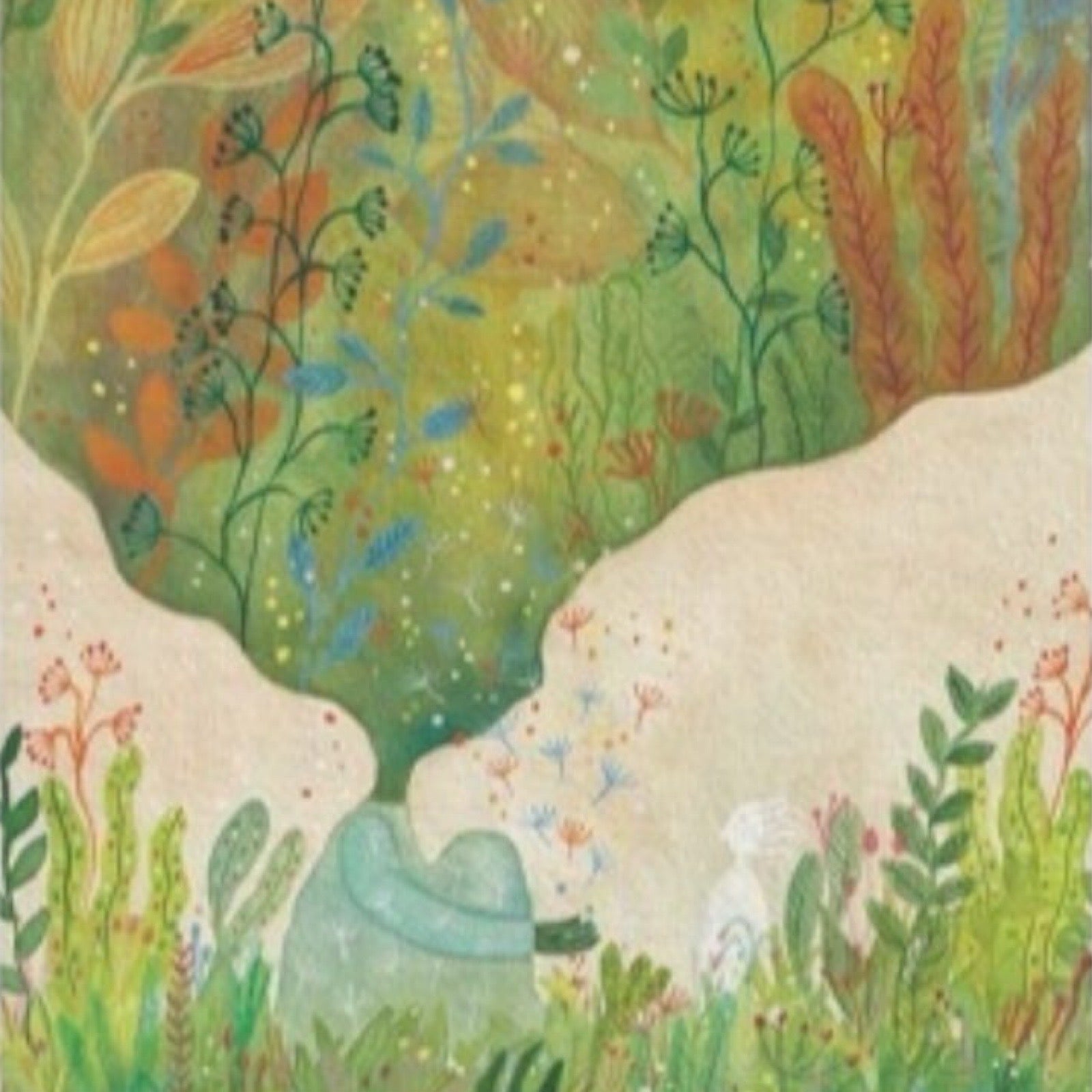 Folk print of a person dressed in blue with a meadow cloud for a head surrounded sitting in a meadow.