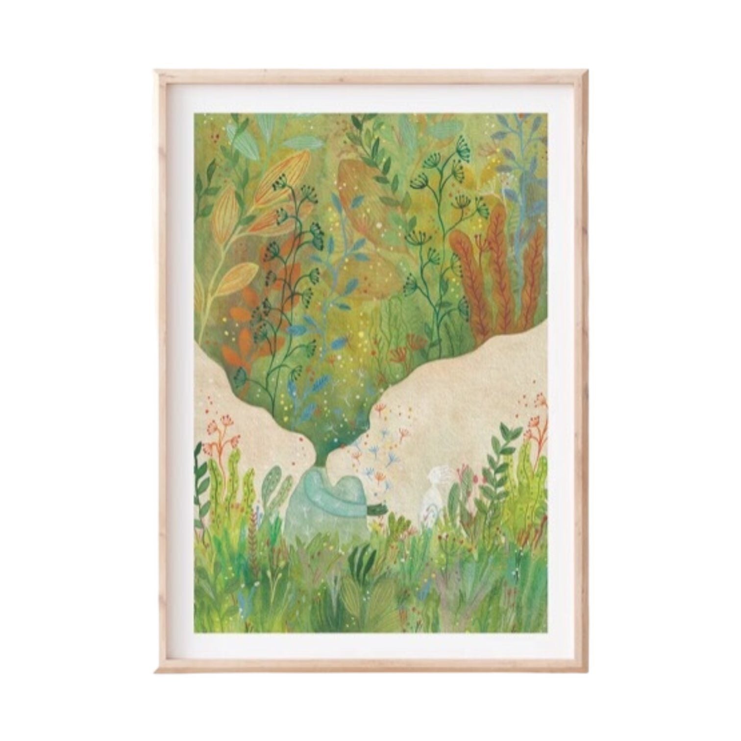 Folk print of a person dressed in blue with a meadow cloud for a head surrounded sitting in a meadow.