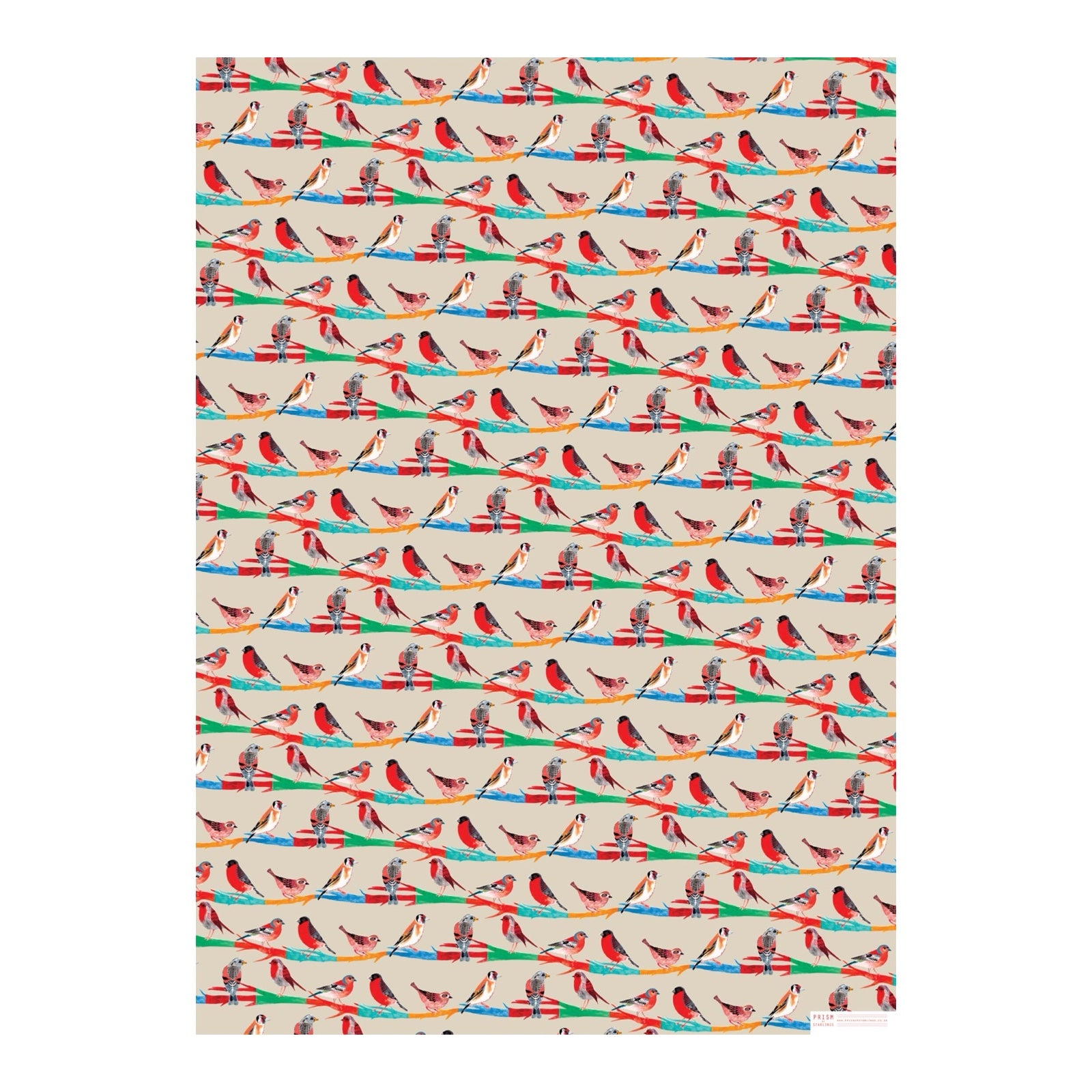 Patterned paper with birds and colourful lines on a white background.