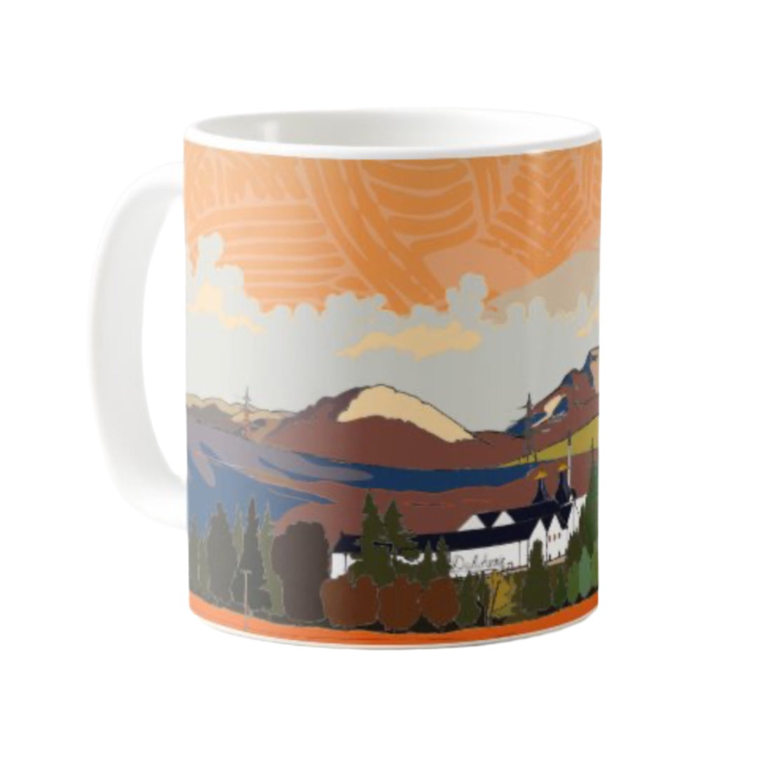 This mug features a panoramic artwork of he the village of Dalwhinnie in the heart of the highlands, with the distillery and mountains, Scotland