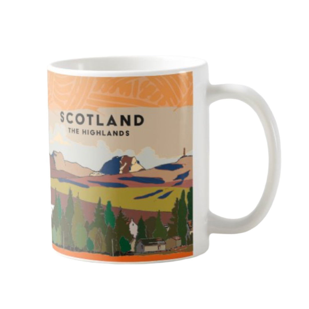 This mug features a panoramic artwork of he the village of Dalwhinnie in the heart of the highlands, with the distillery and mountains, Scotland