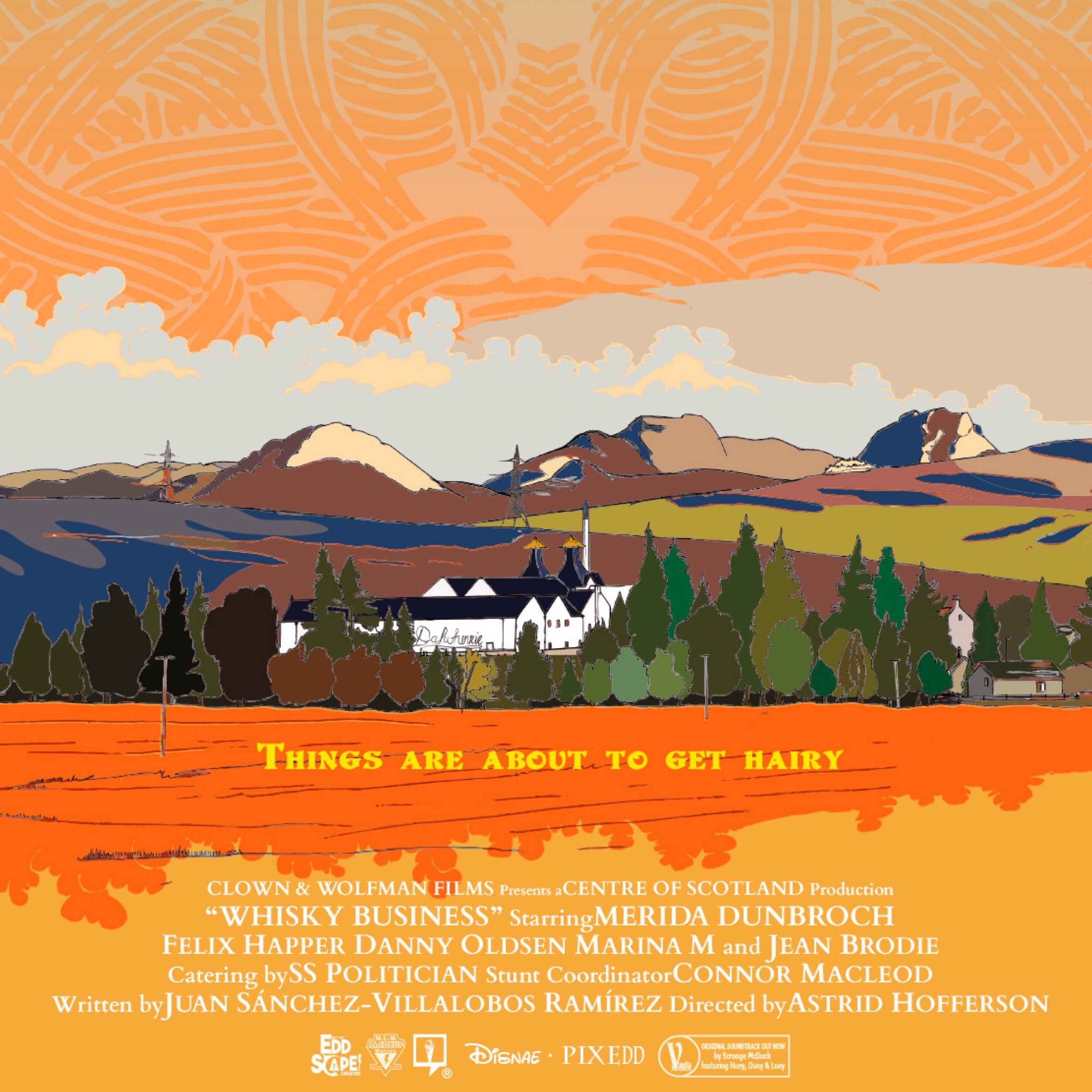 This print features a movie poster design of Dalwhinnie in the highlands of Scotland. 