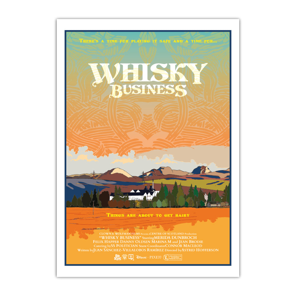 This print features a movie poster design of Dalwhinnie in the highlands of Scotland.
