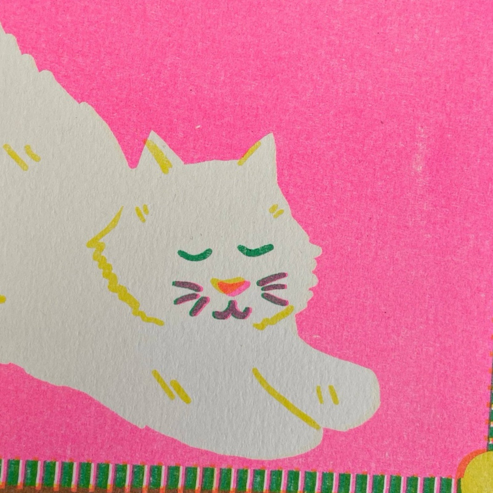 This gorgeous mini risograph print features a large white cat having a big stretch. 