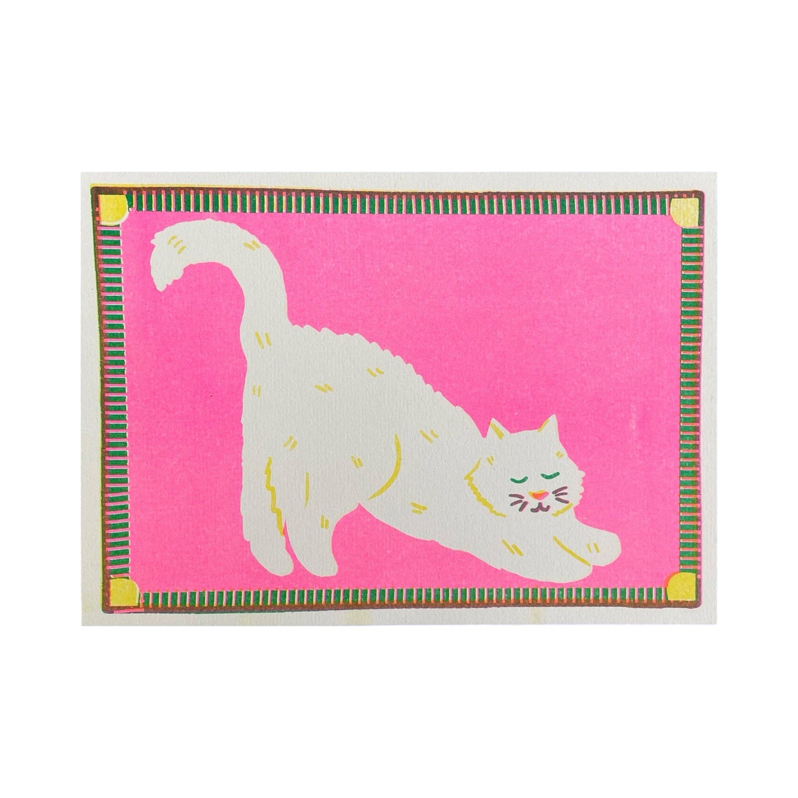 This gorgeous mini risograph print features a large white cat having a big stretch. 