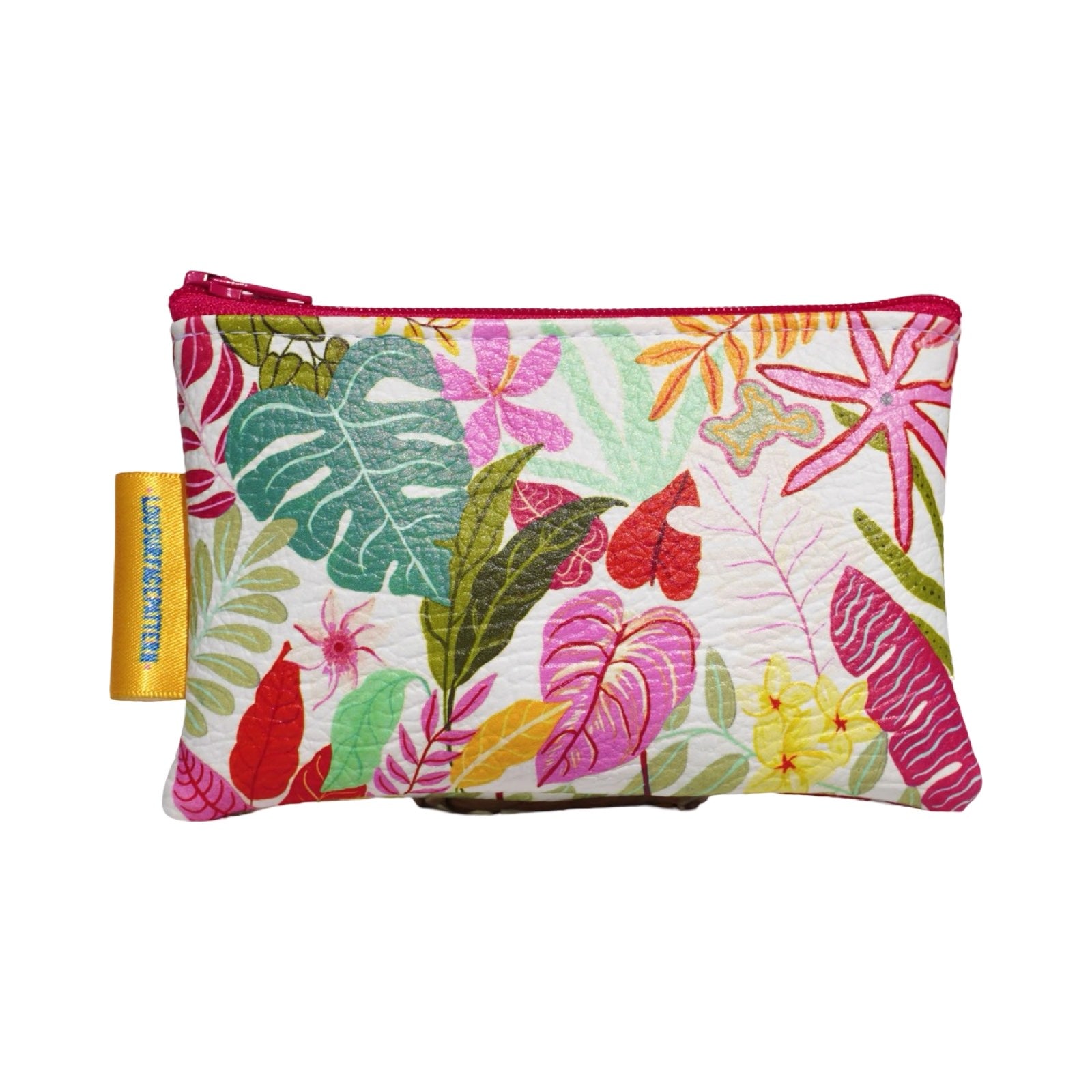 Vegan leather purse with colourful tropical leaves against a white background. 