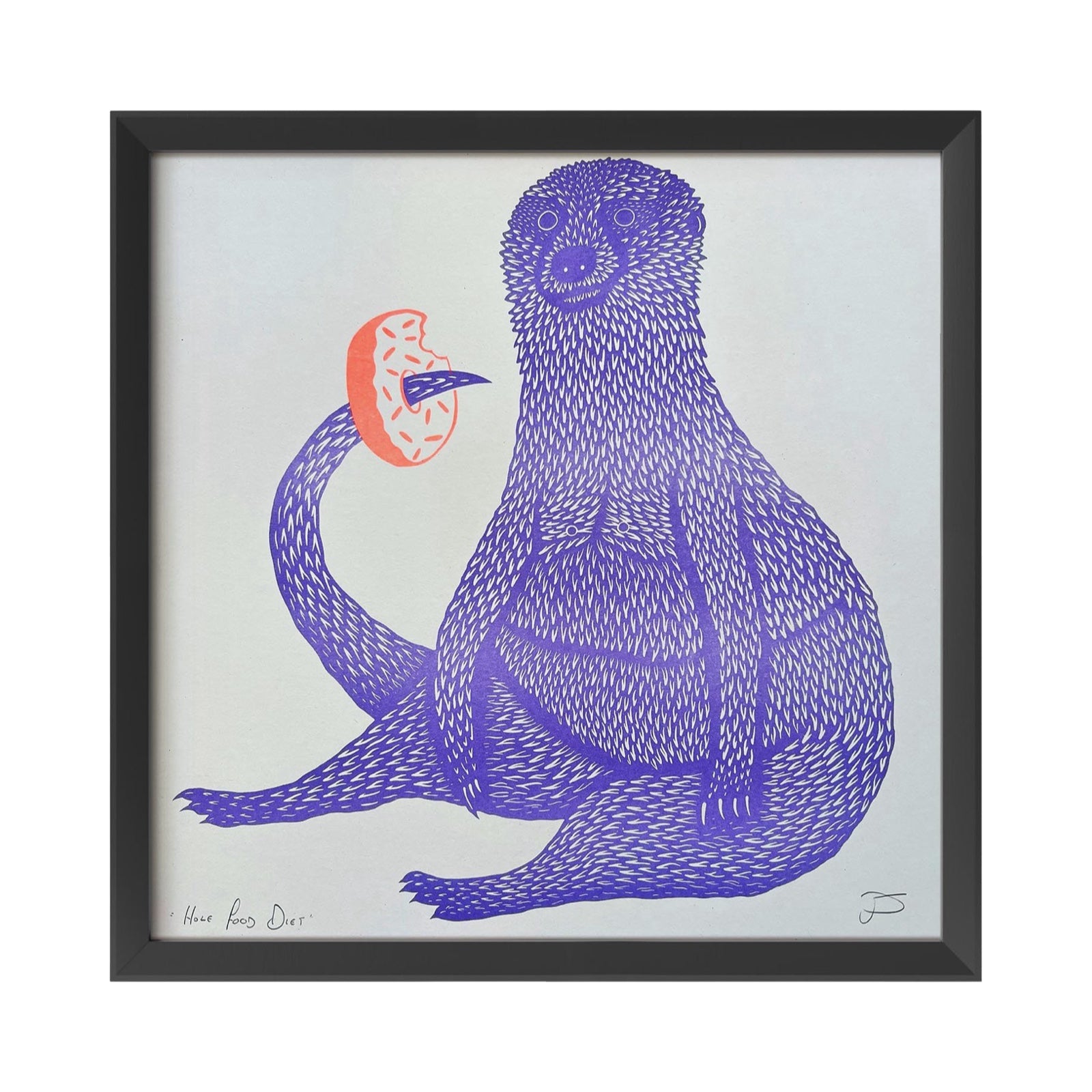 print of a large purple mammal eating an orange doughnut from around his tail in a black picture frame.