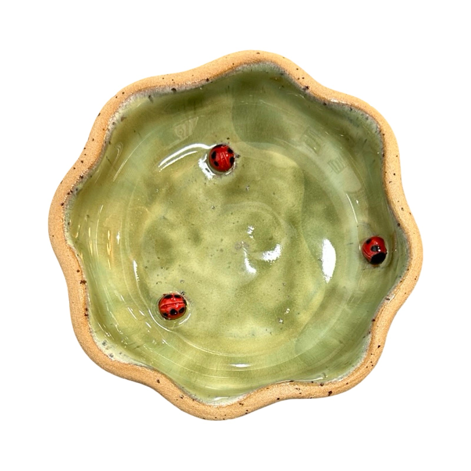Ceramic trinket dish with a textured beige rim and green interior, featuring three small red ladybirds.