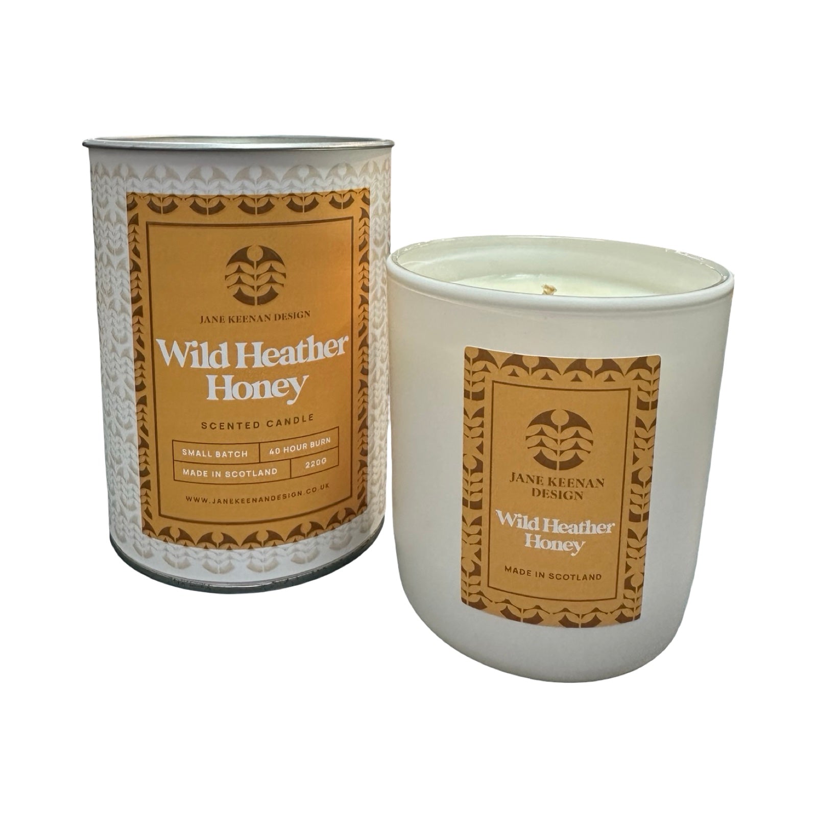 Two scented candles with 'Wild Heather Honey' label on a white background.