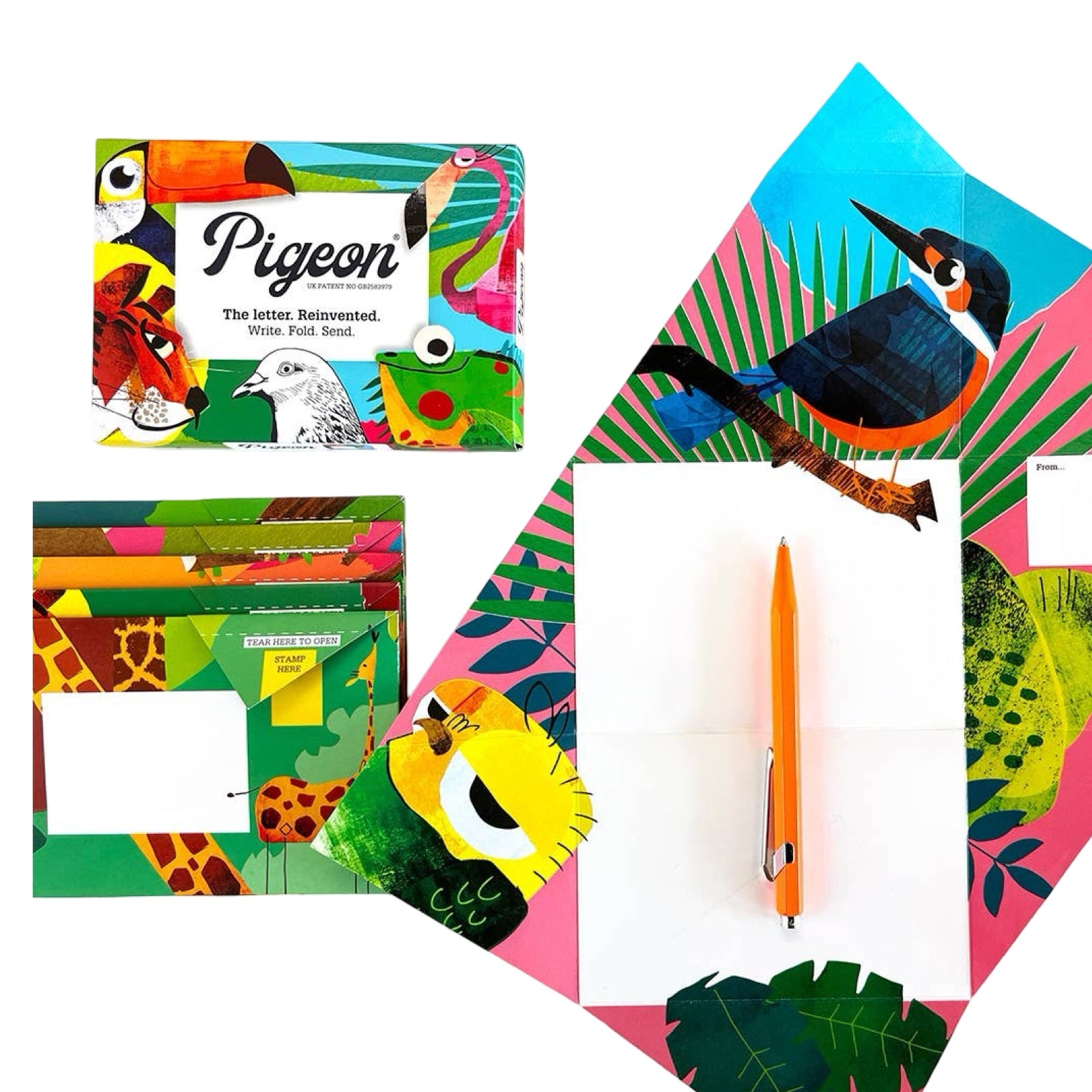 The Wild Lives Pigeon Pack contains 6 sheets of illustrated paper, each featuring a different colourful animal-themed design. 