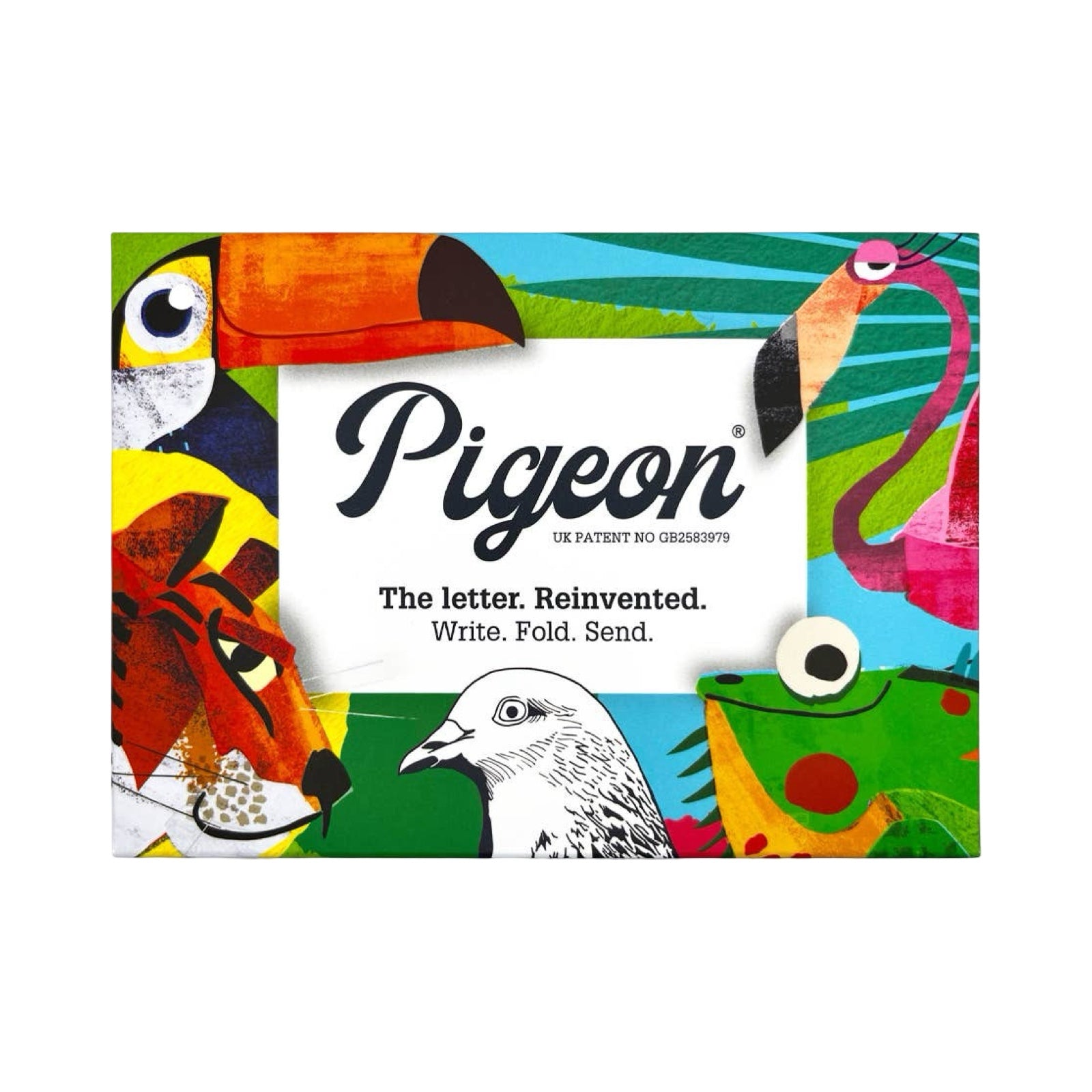 The Wild Lives Pigeon Pack contains 6 sheets of illustrated paper, each featuring a different colourful animal-themed design. 