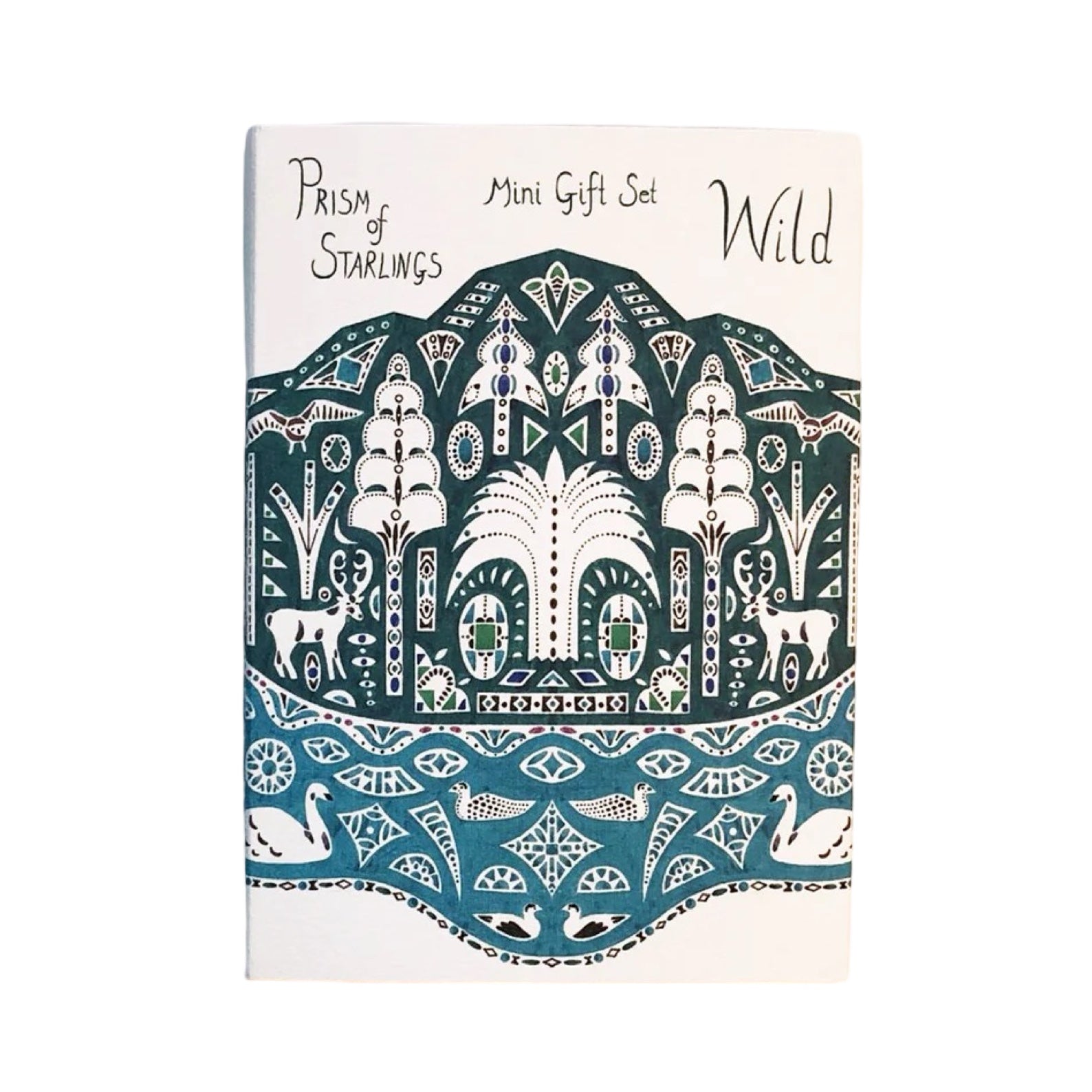 Decorative packaging for a mini gift set with intricate patterns and text on a white background.