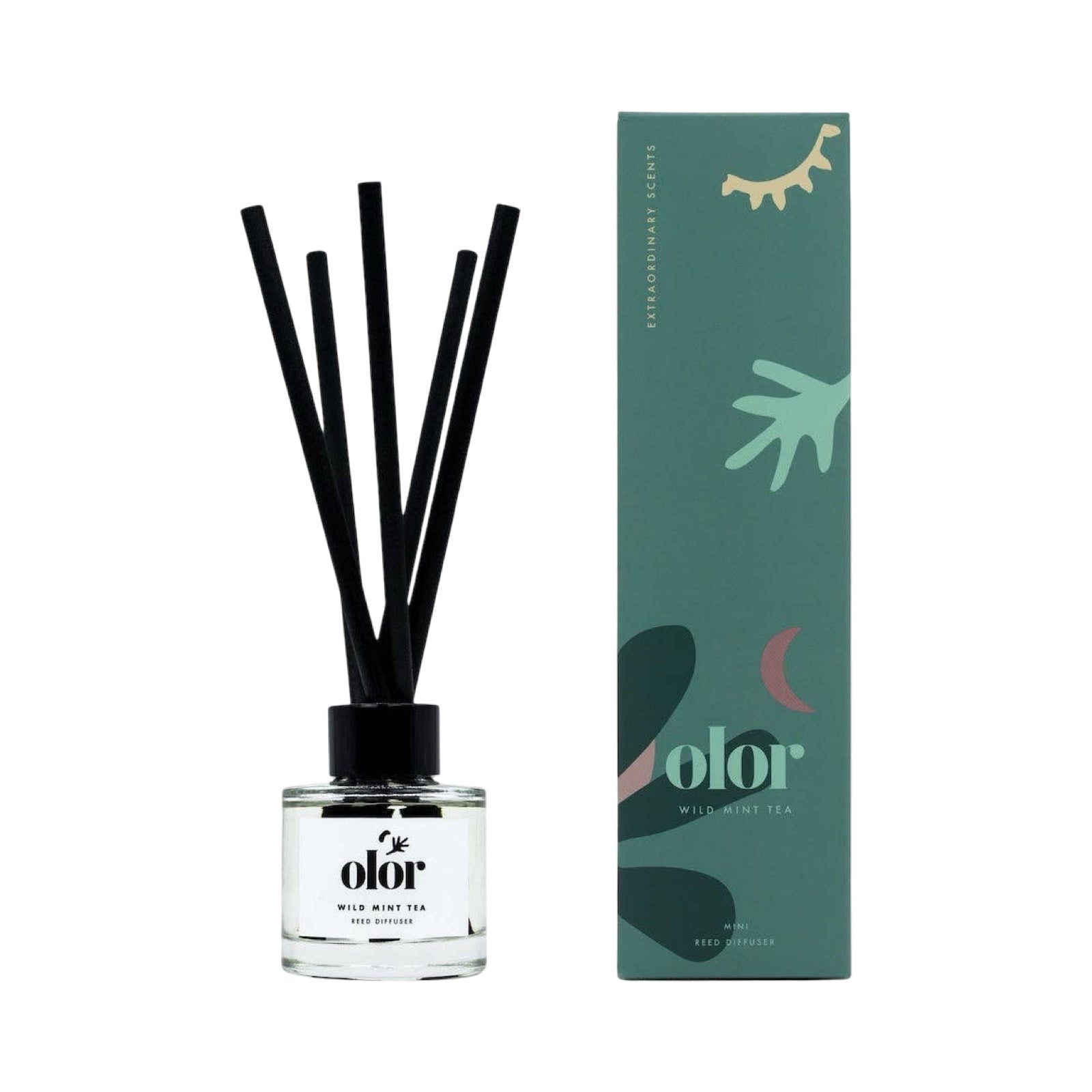 Wild mint and tea reed diffuser next to green box.