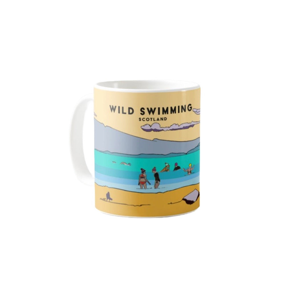 Classic mug featuring a striking panoramic artwork of wild swimmers in the sea with the Arran mountains in the distance.