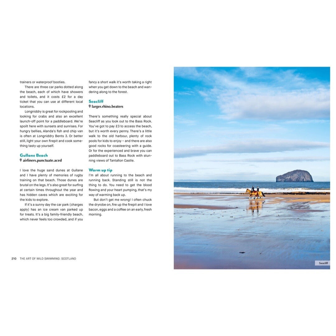 A page from the Wild Swimming Scotland book showing Gullane beach.