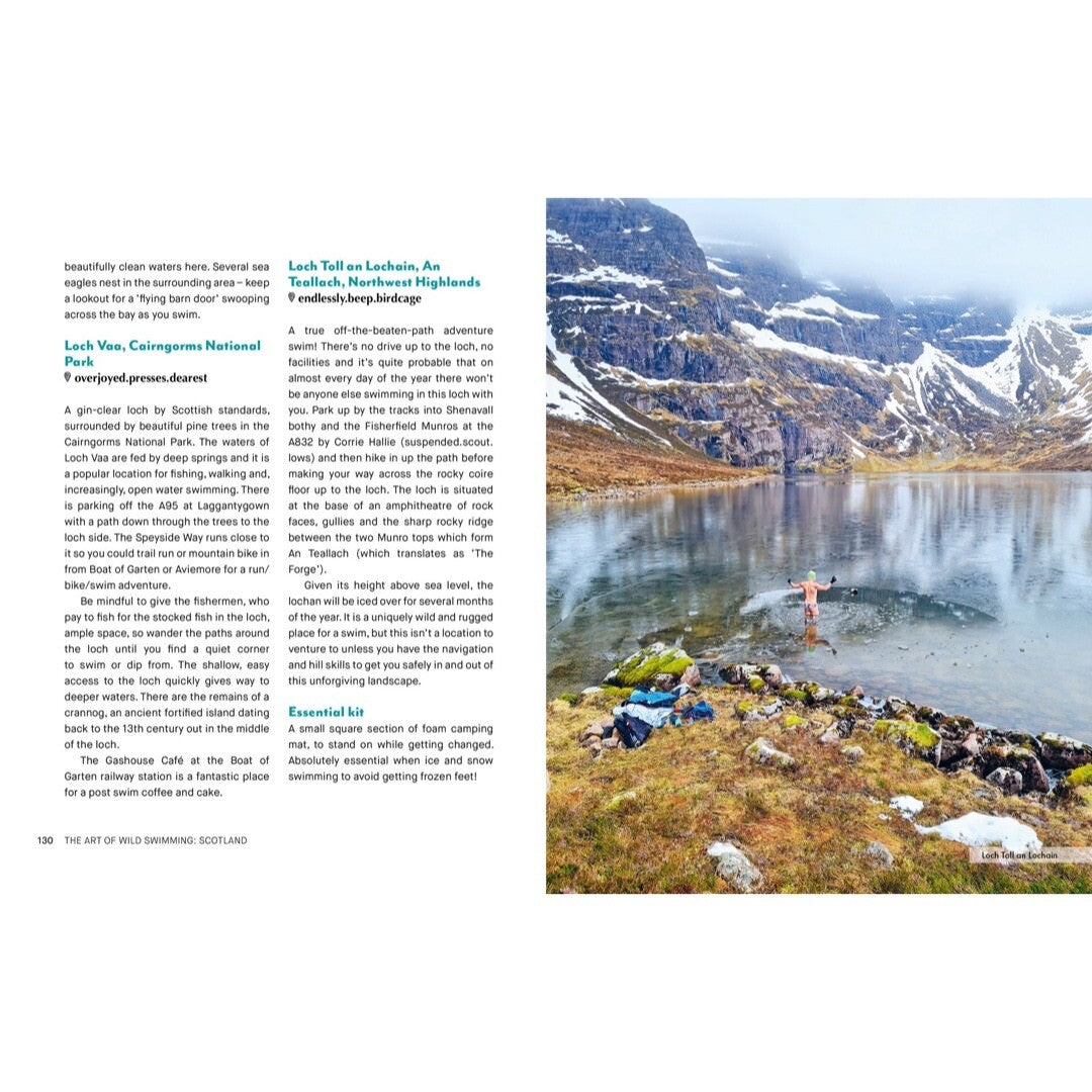 A page from the Wild Swimming Scotland book showing Loch Voo in the Cairngorm National Park.