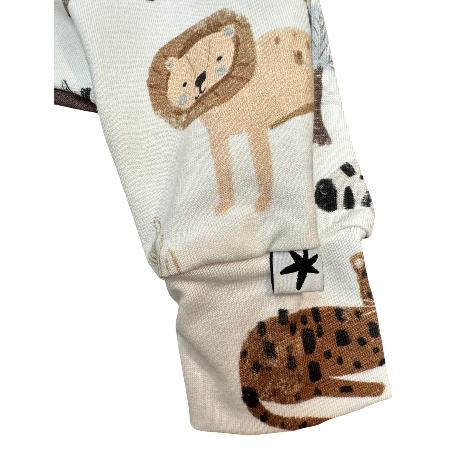 Baby leggings with animal illustrations on a white background.