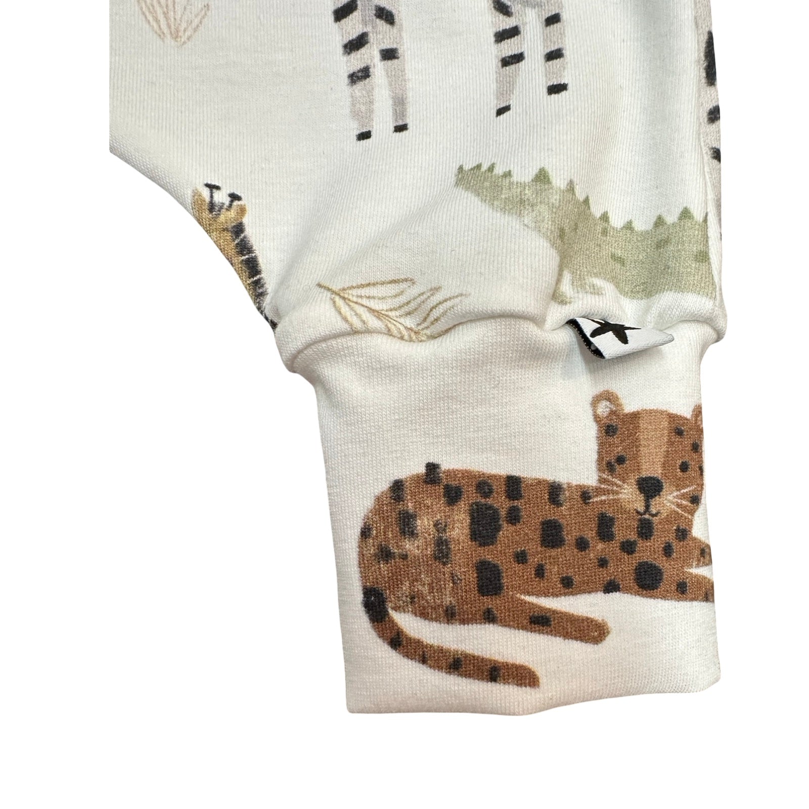 Baby romper with animal pattern on a white background.