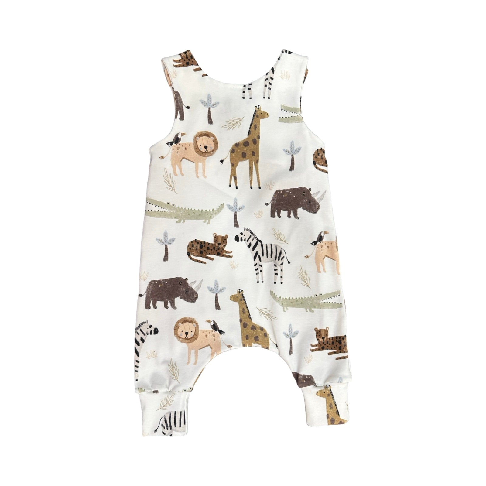 Baby romper with animal pattern on a white background.