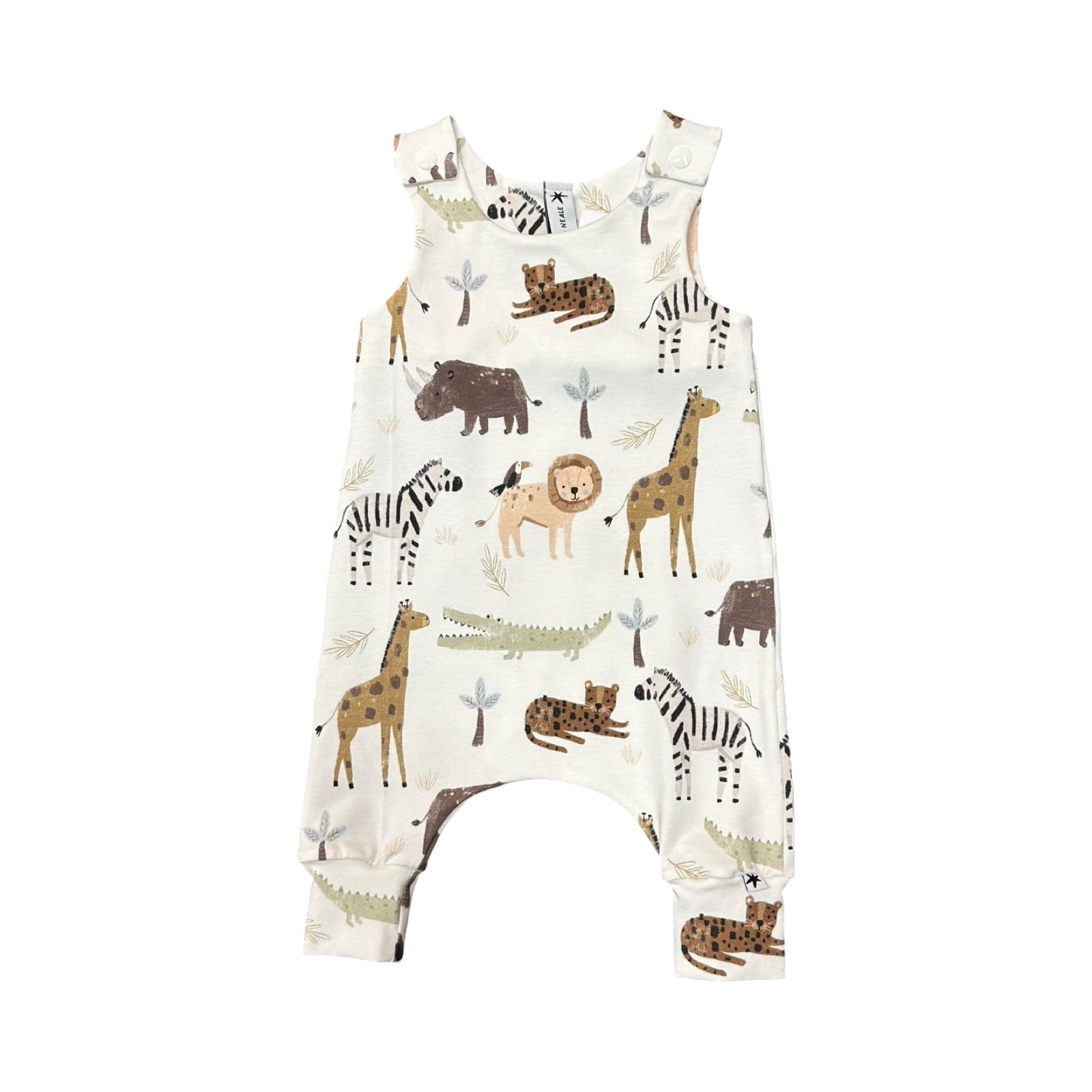 Baby romper with animal pattern on a white background.