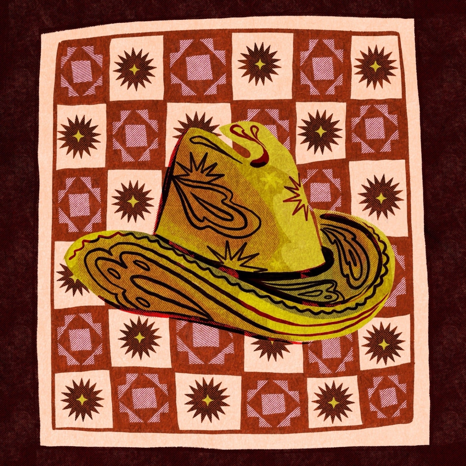 Colourful cowboy hat sticker on a red and beige background with star and square pattern.