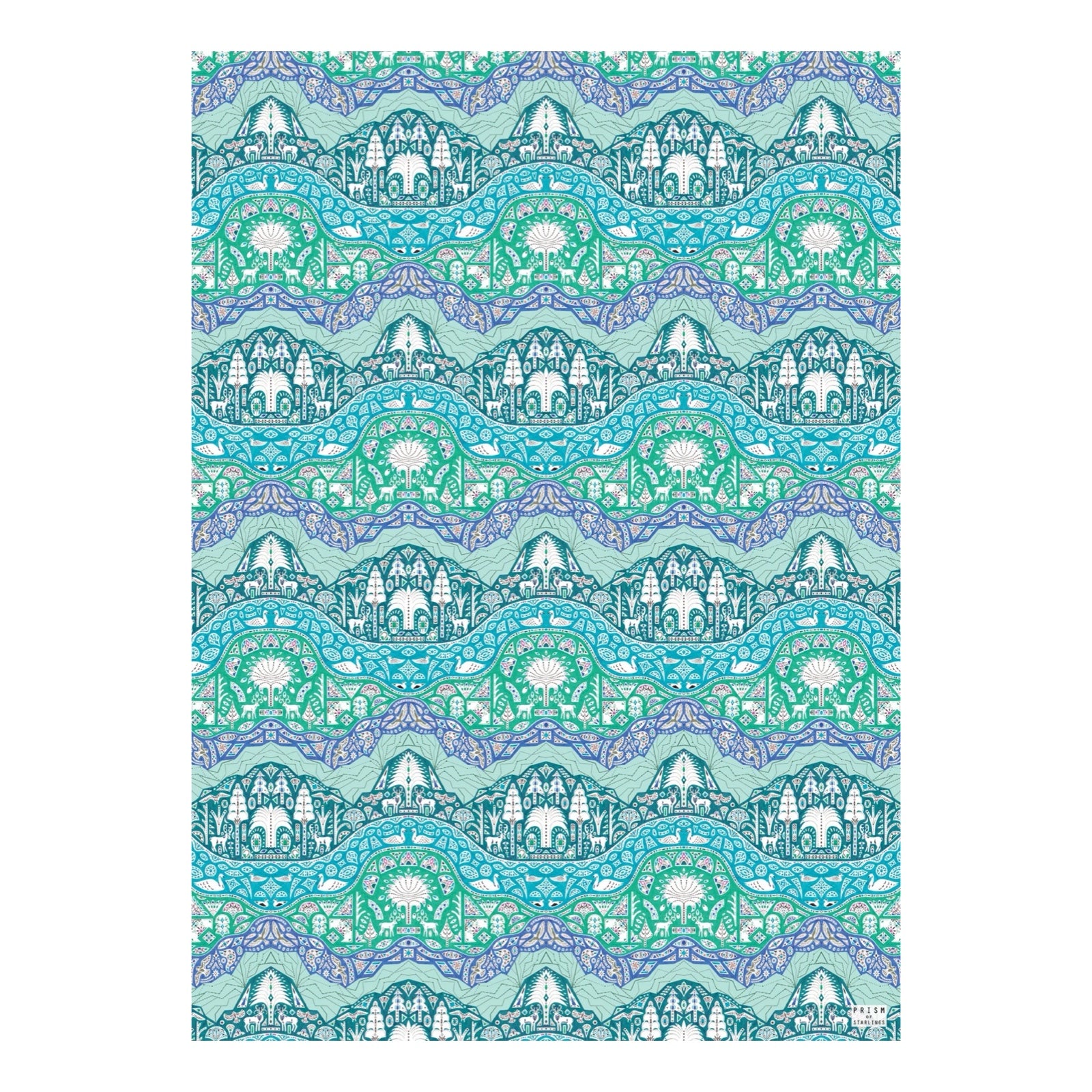 Patterned paper with blue and green design on a white background.
