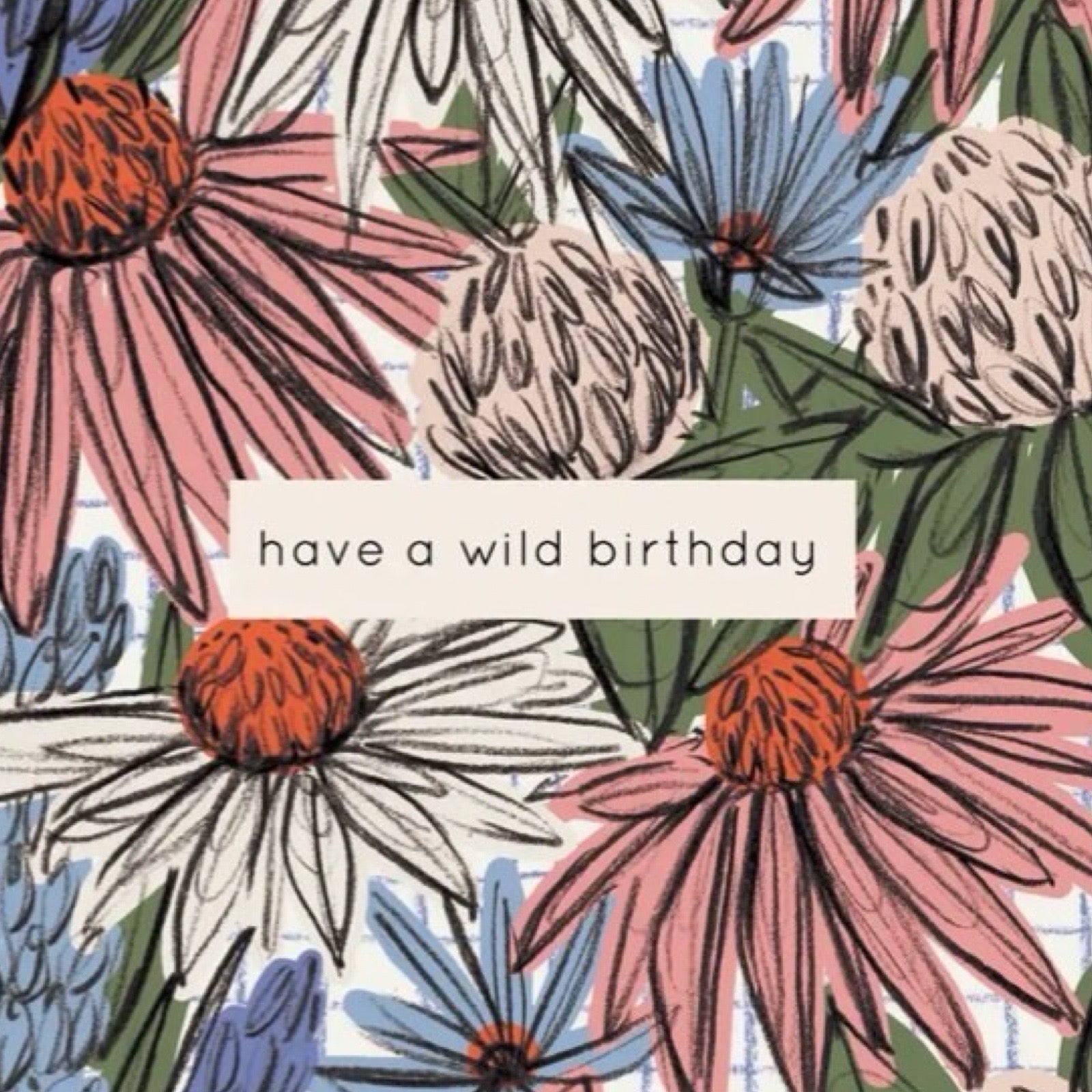 Birthday card featuring hand-drawn wildflowers in pink, white and blue and the text 'have a wild birthday' in a white box in the centre