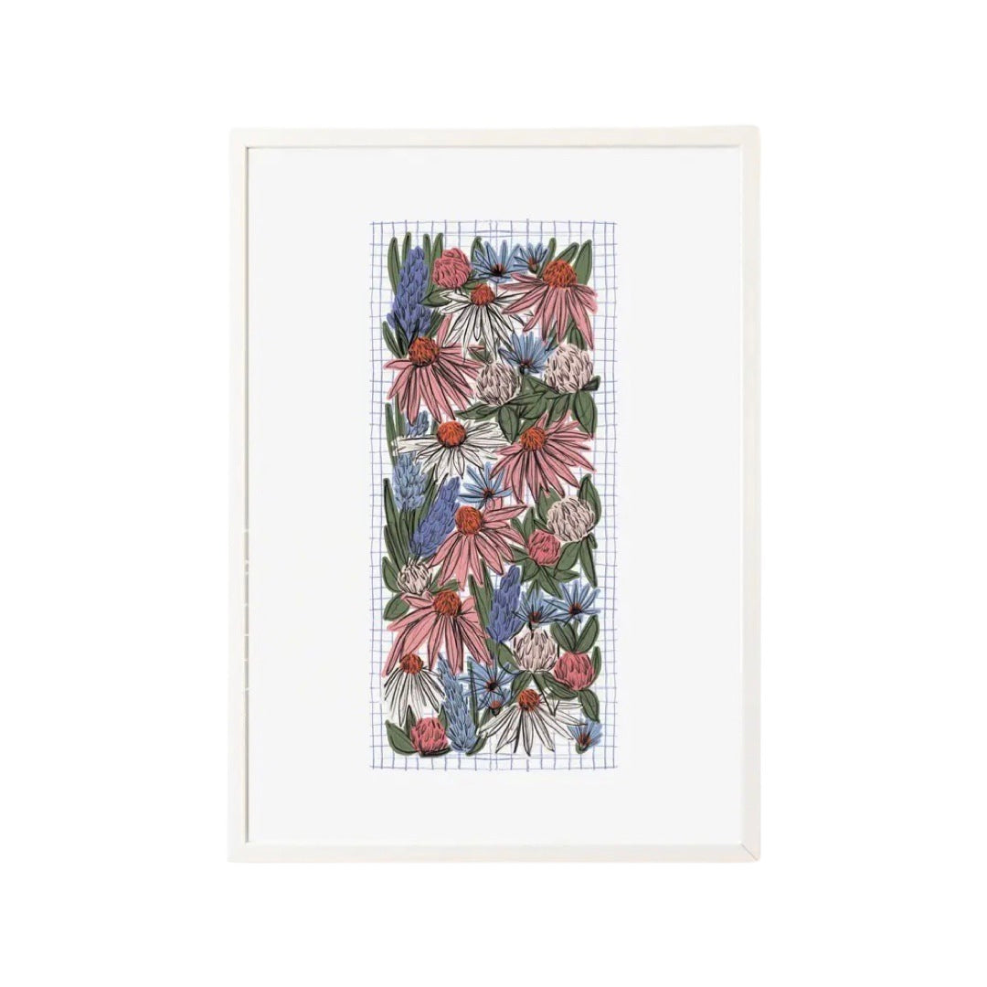 A wildflower print of gorgeous echinaceas and other flowers in shades of blue, red and green