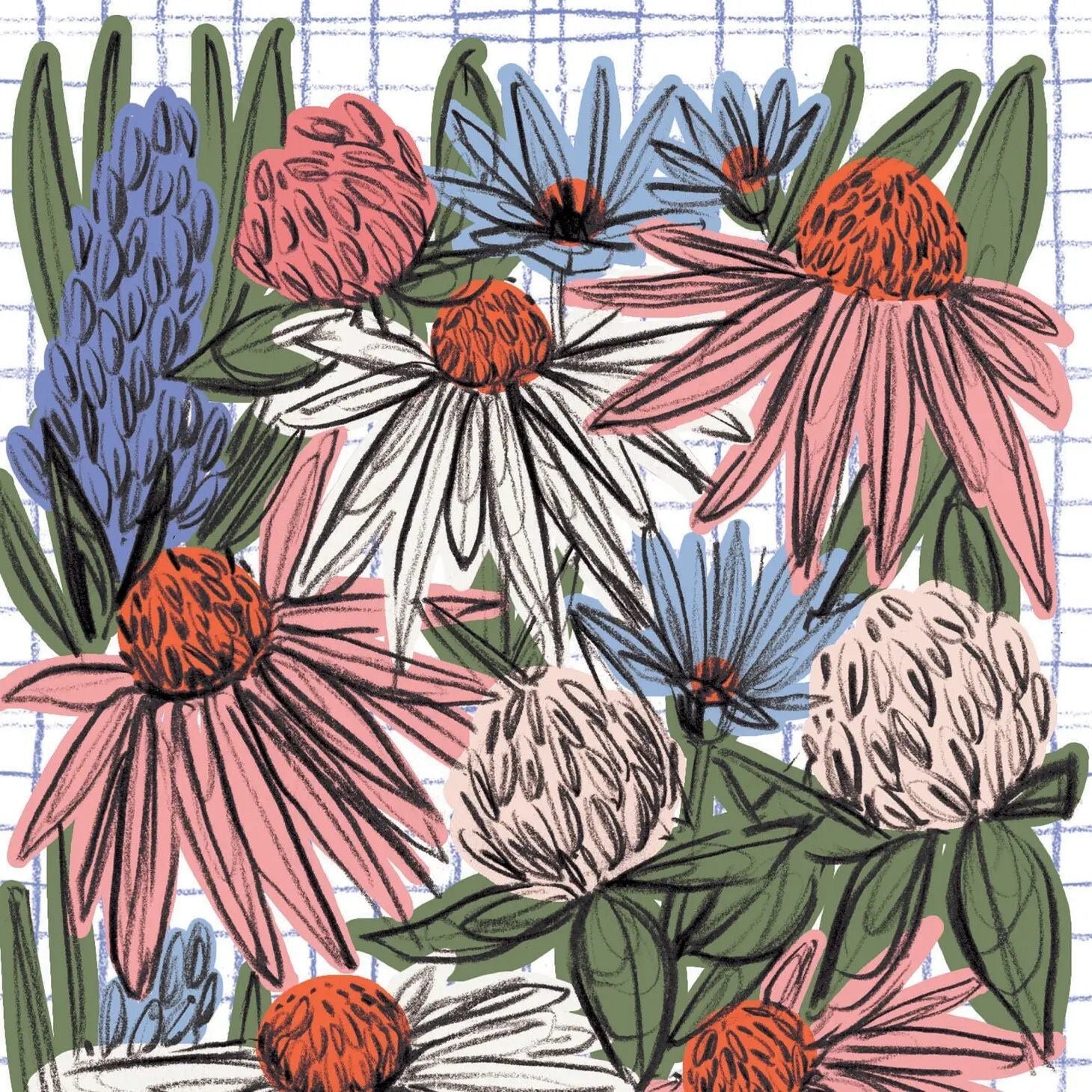 A wildflower print of gorgeous echinaceas and other flowers in shades of blue, red and green