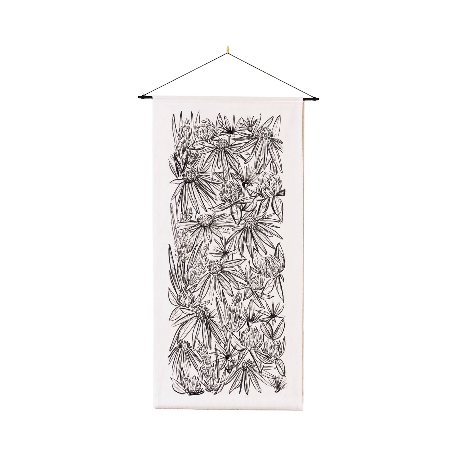 A cream coloured cotton rectangular wall hanging with an illustration of wildflowers in black ink.