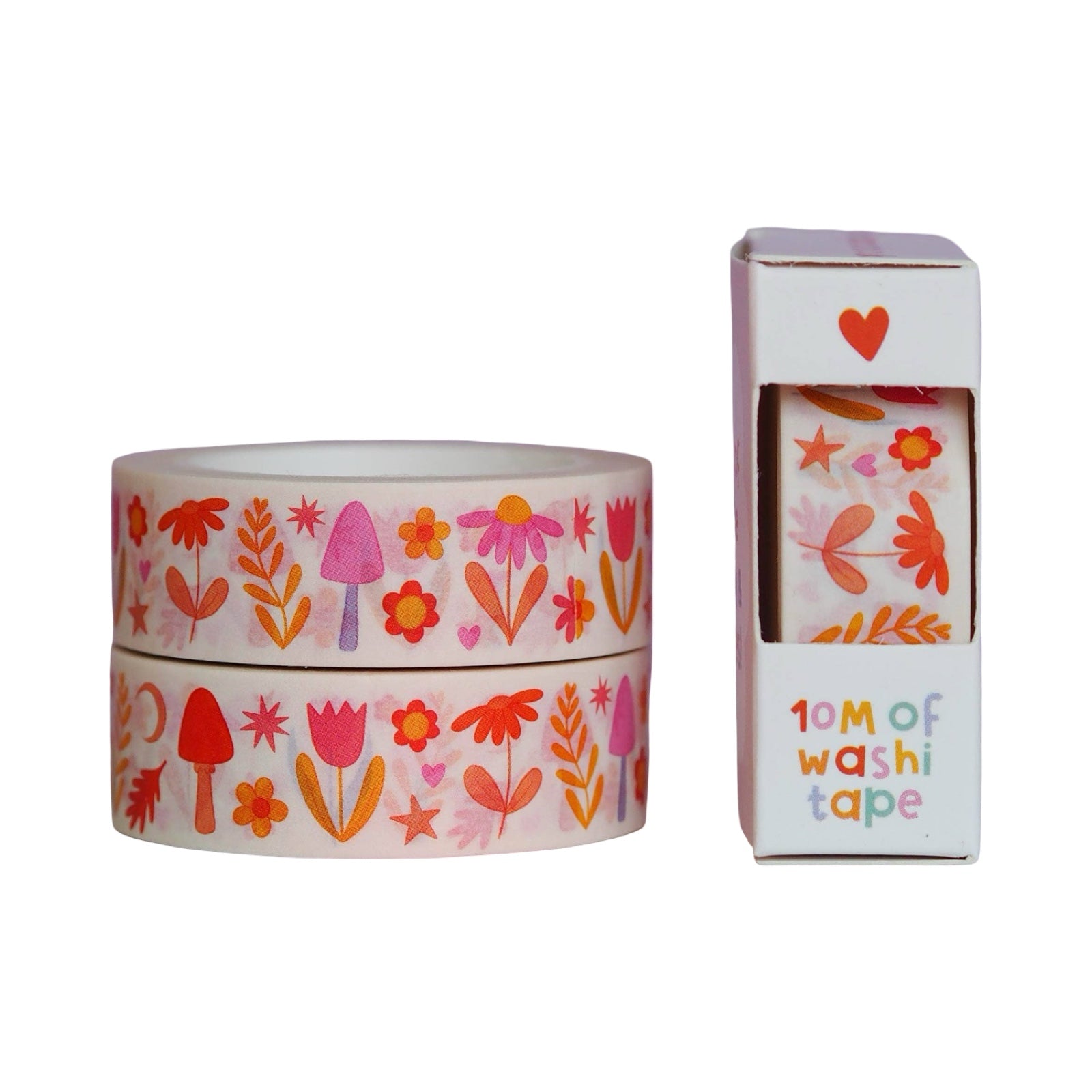 Washi tape with floral design and packaging on a white background.