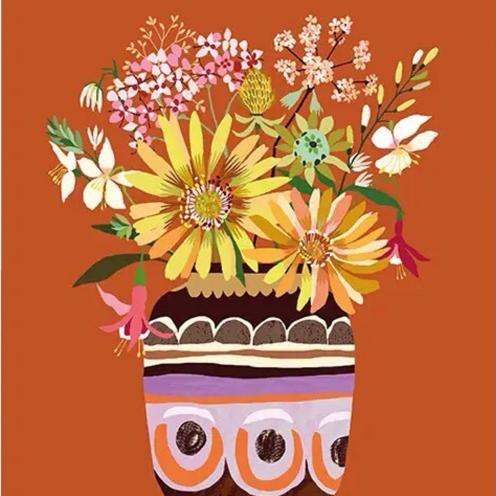 Print of a gorgeous bunch of yellow, pink and white wildflowers in a purple, brown and orange jug, all on a deep orange background.