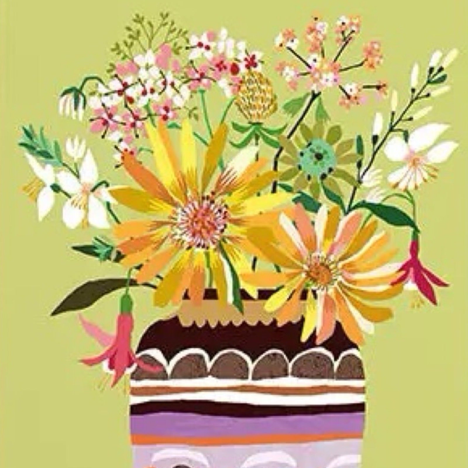 Card featuring a bunch of colourful wildflowers in a brown and grey patterned vase, all on a lime green background.