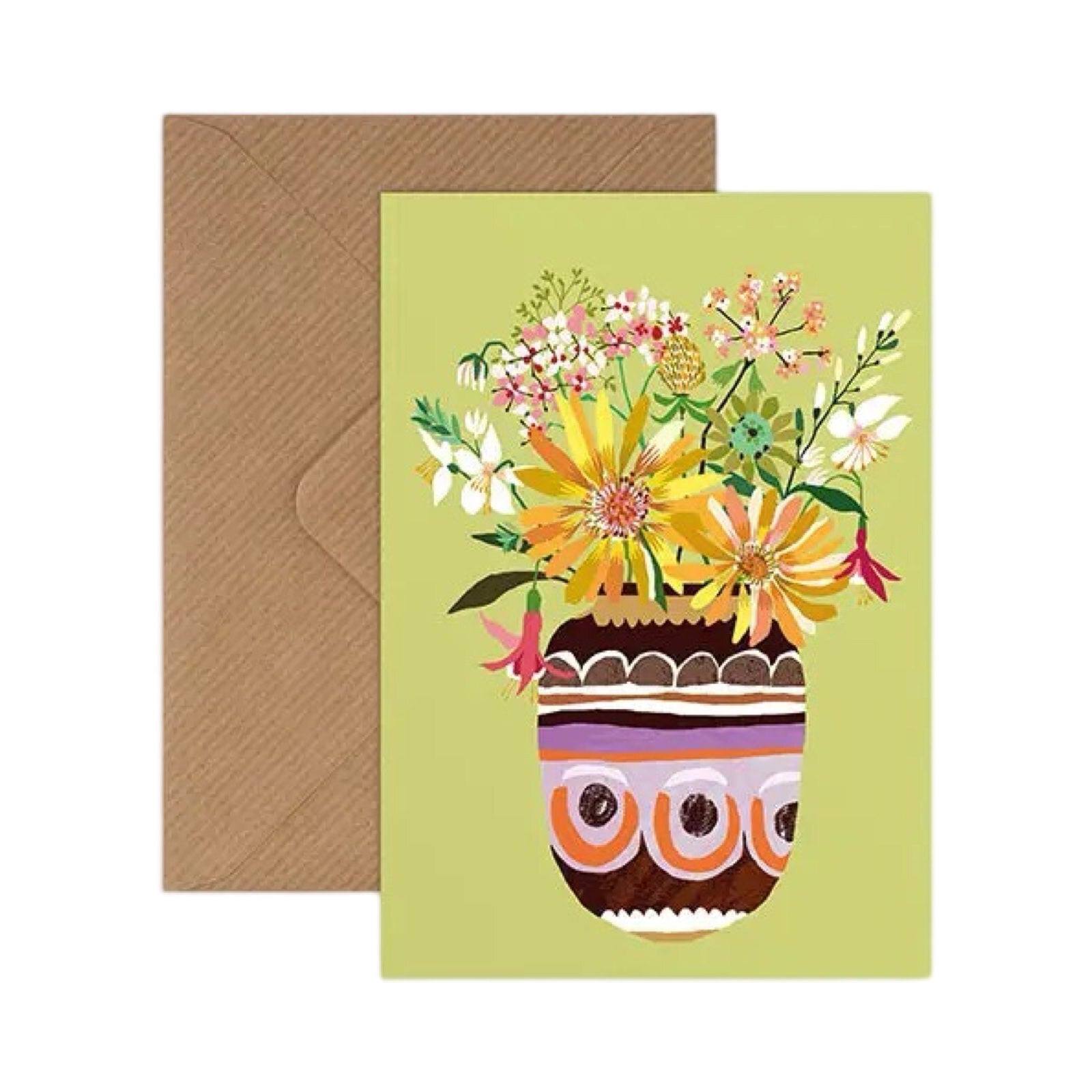 Card featuring a bunch of colourful wildflowers in a brown and grey patterned vase, all on a lime green background.