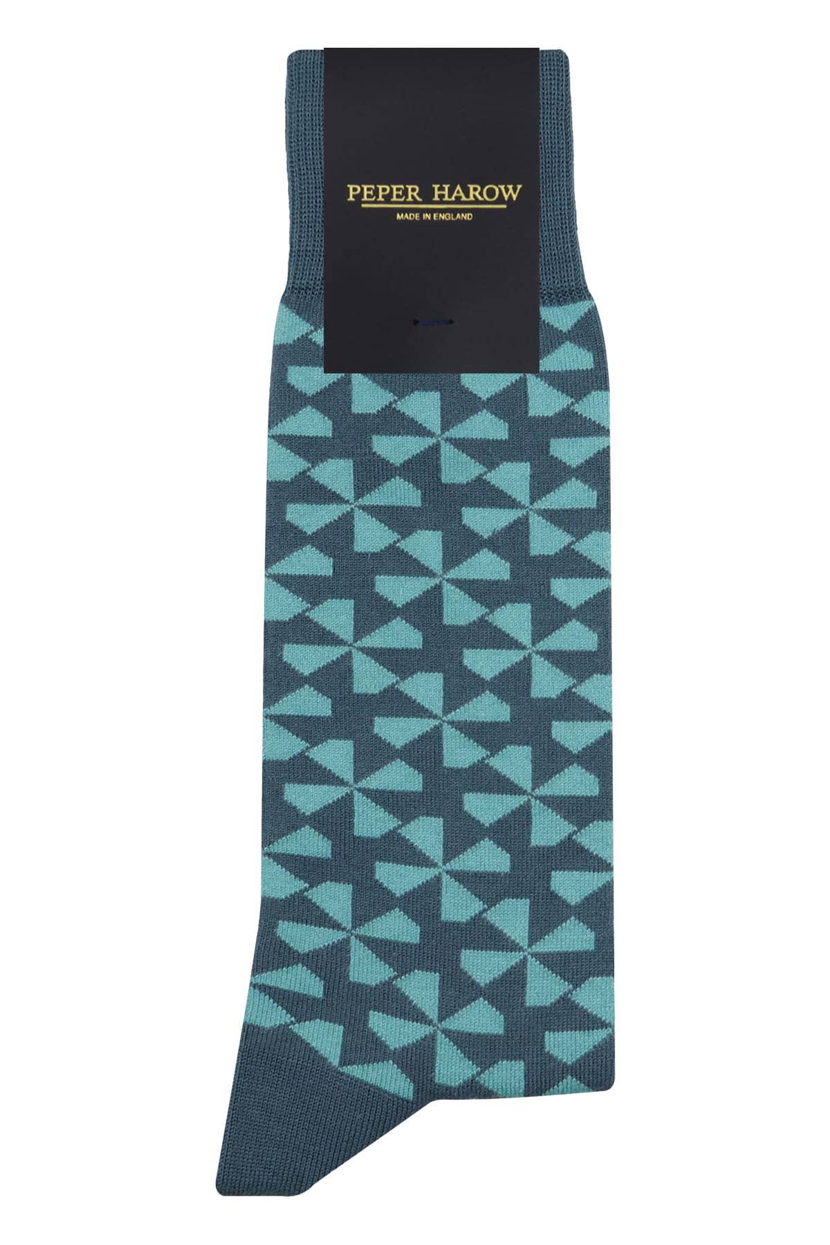 Teal patterned sock with brand label on a white background.