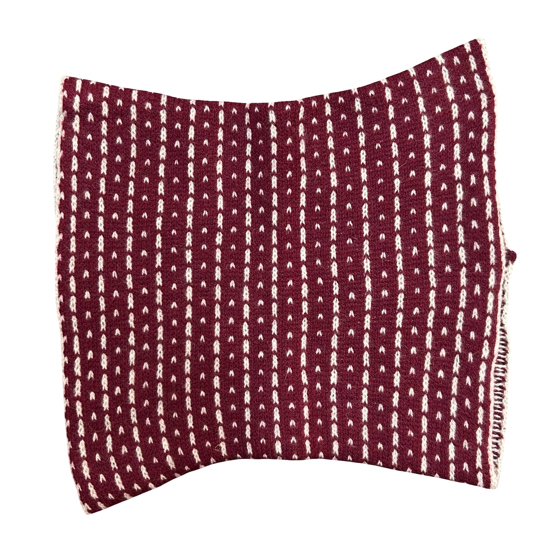 A cosy 100% lambswool knitted snood in wine with light grey dashes.