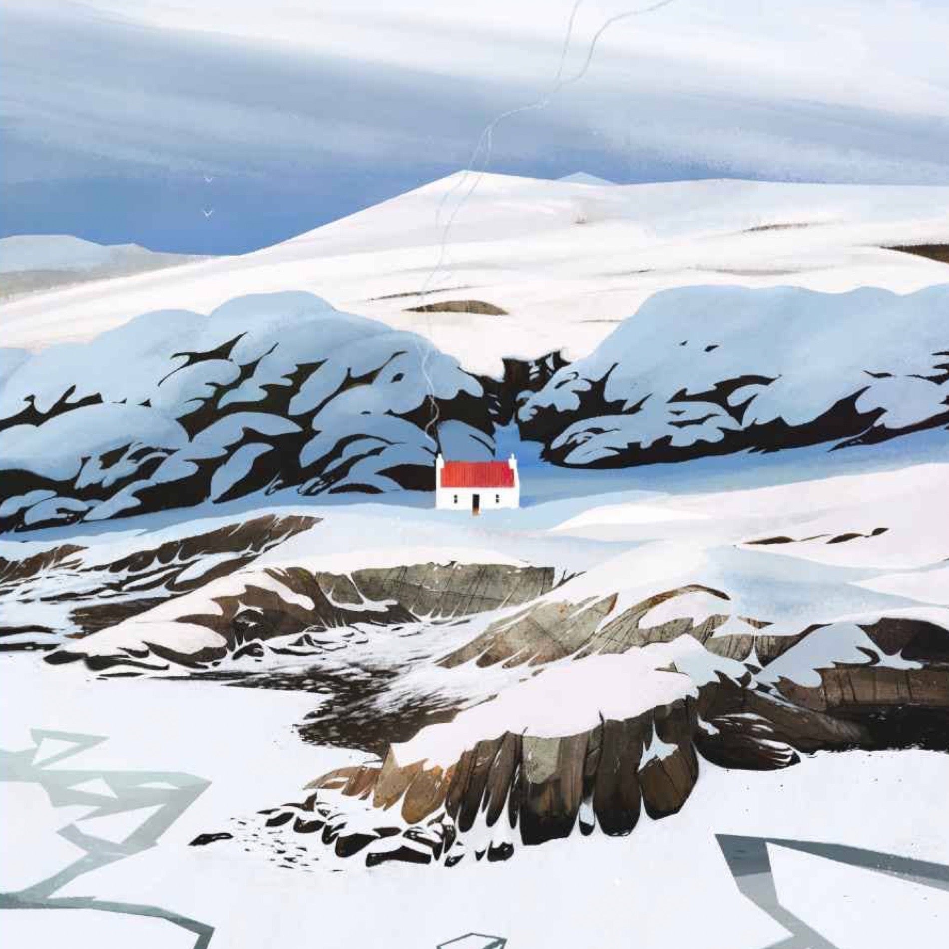 A stylized snowy landscape artwork showing snow-covered mountains and rocky terrain under a pale blue sky, with a small red-roofed house near the centre.