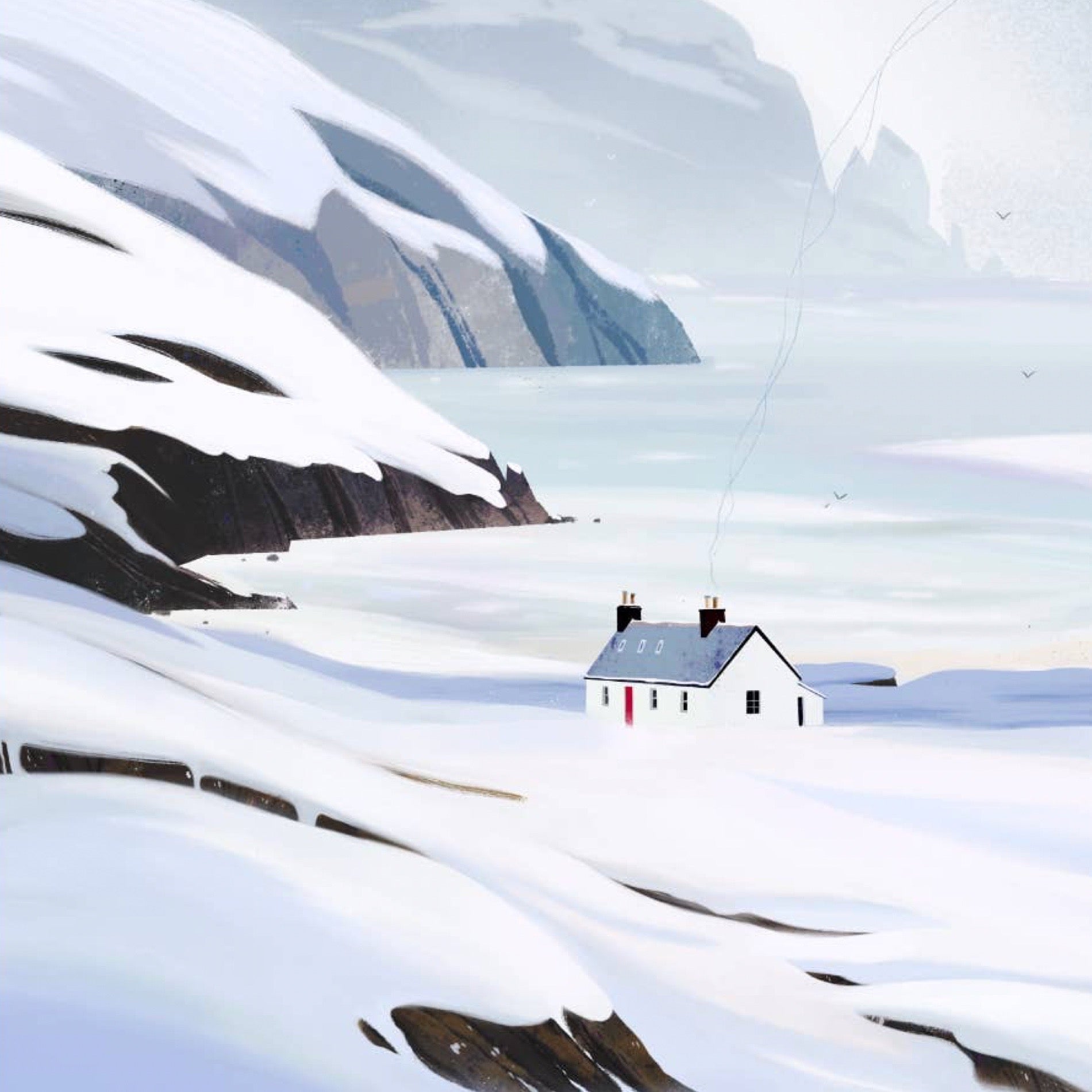 A snowy mountain landscape with a small white house near the centre.