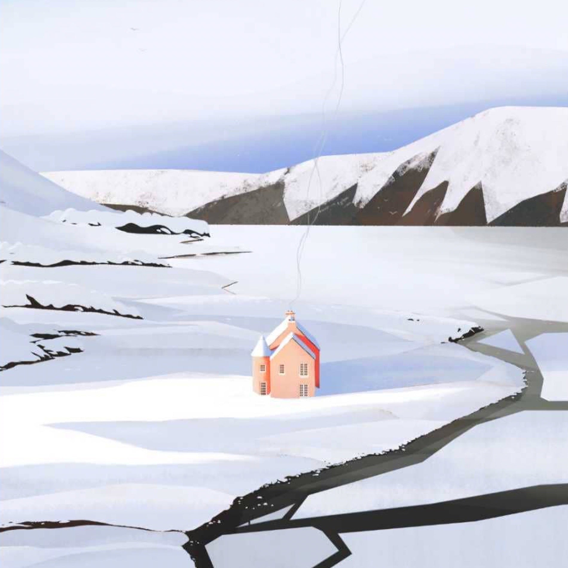 A snowy landscape with a small pink house near the center, winding dark roads across white snow, and snow-covered mountains under a pale blue sky.