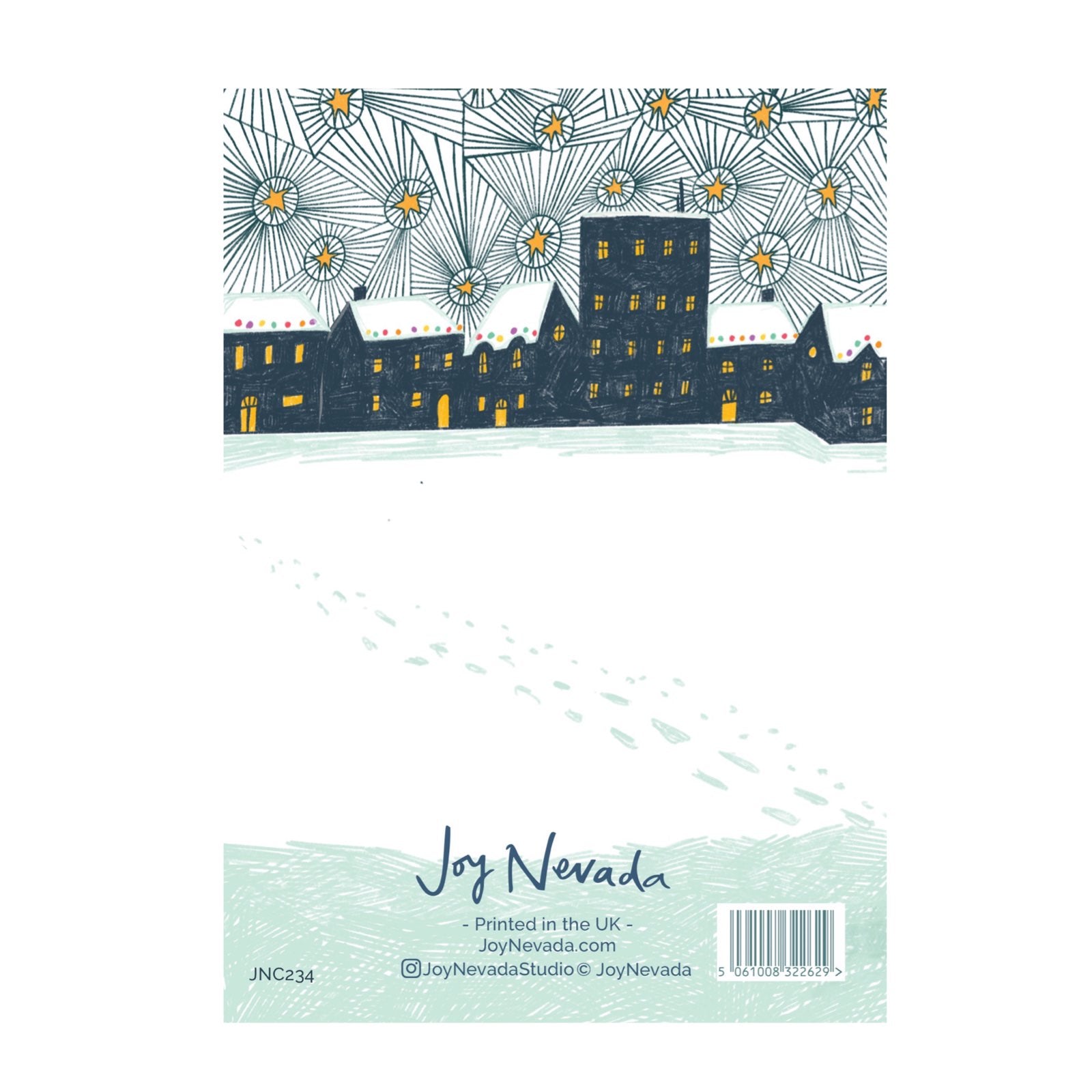 The back of a Christmas card with a cityscape illustration and 'Joy Nevada' branding.