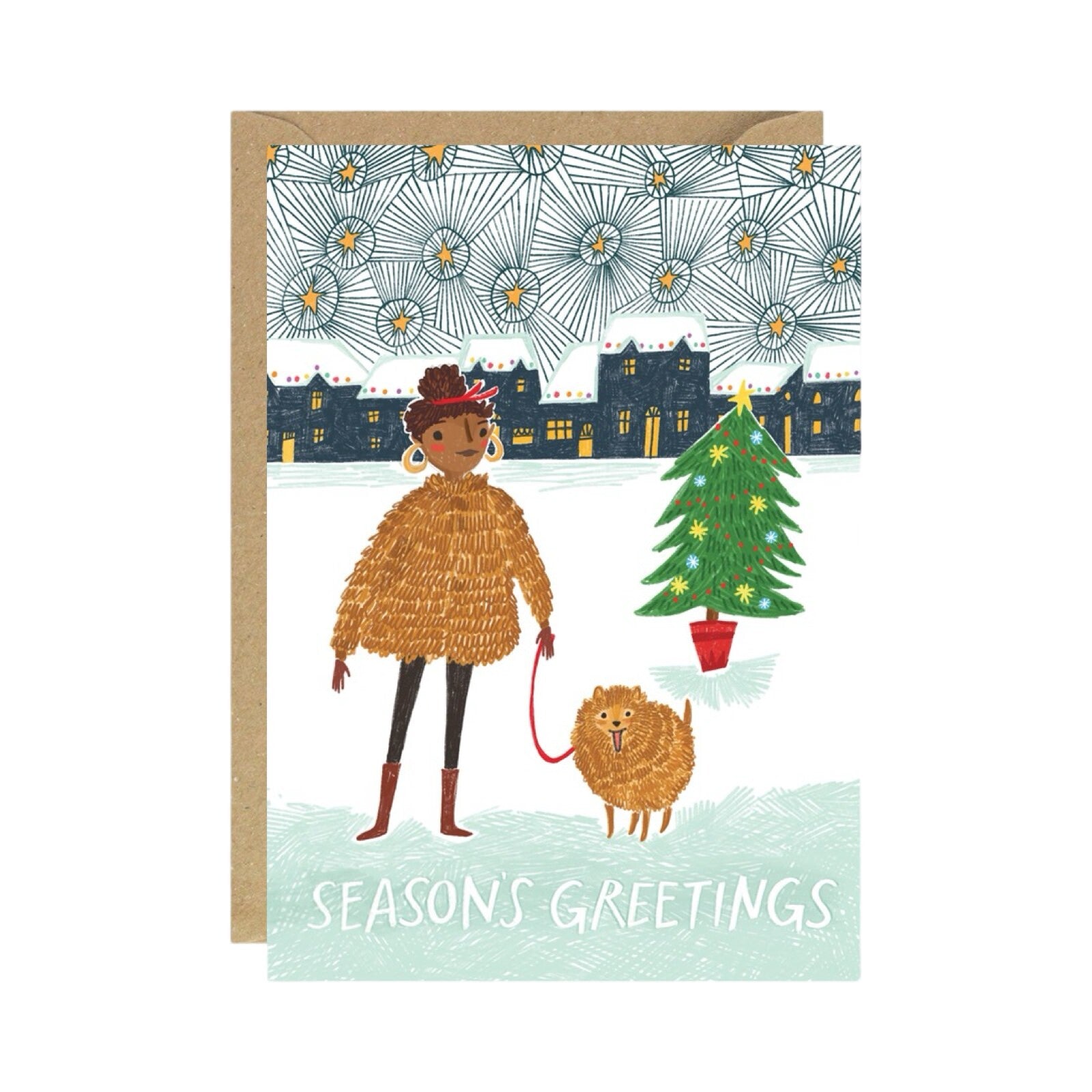 Christmas card featuring a person walking their fluffy dog in a snow-capped town with a Christmas tree.