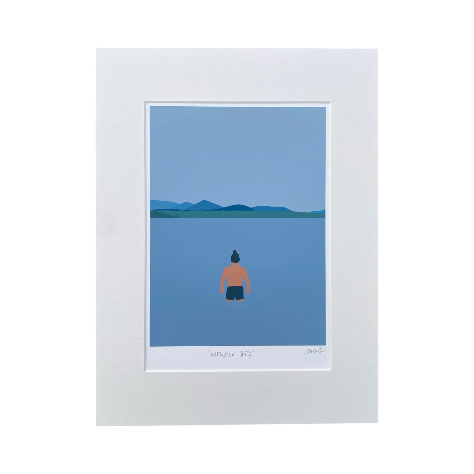 print of a swimmer in trunks and a woolly pom-pom hat, wading into the sea, in a white mount.