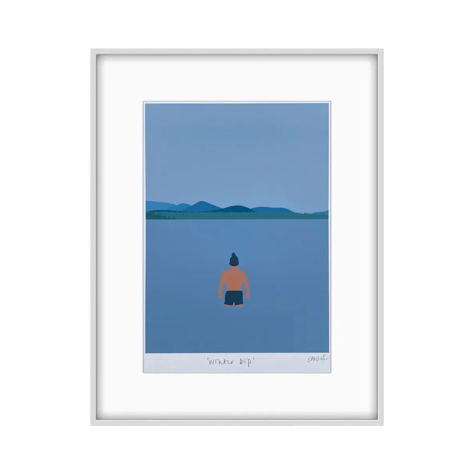 print of a swimmer in trunks and a woolly pom-pom hat, wading into the sea, in a white mount and picture frame