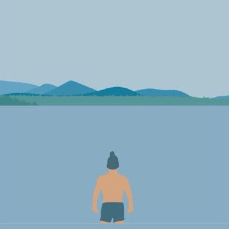 Illustration of a person standing on a beach with mountains in the background.