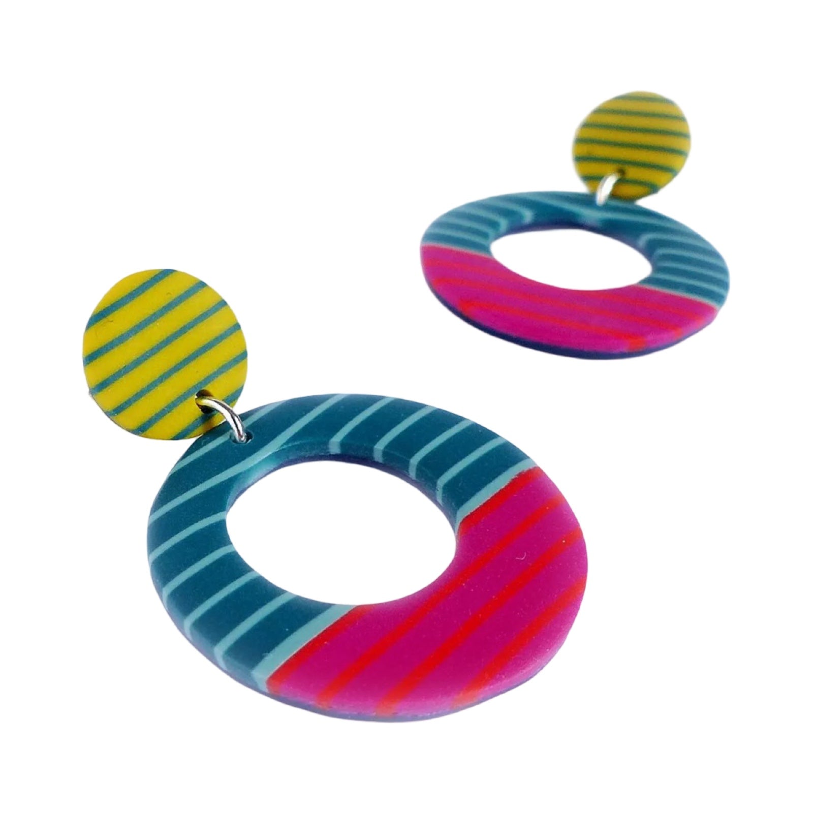 teal and pink striped hoop earrings with a yellow striped circle stud